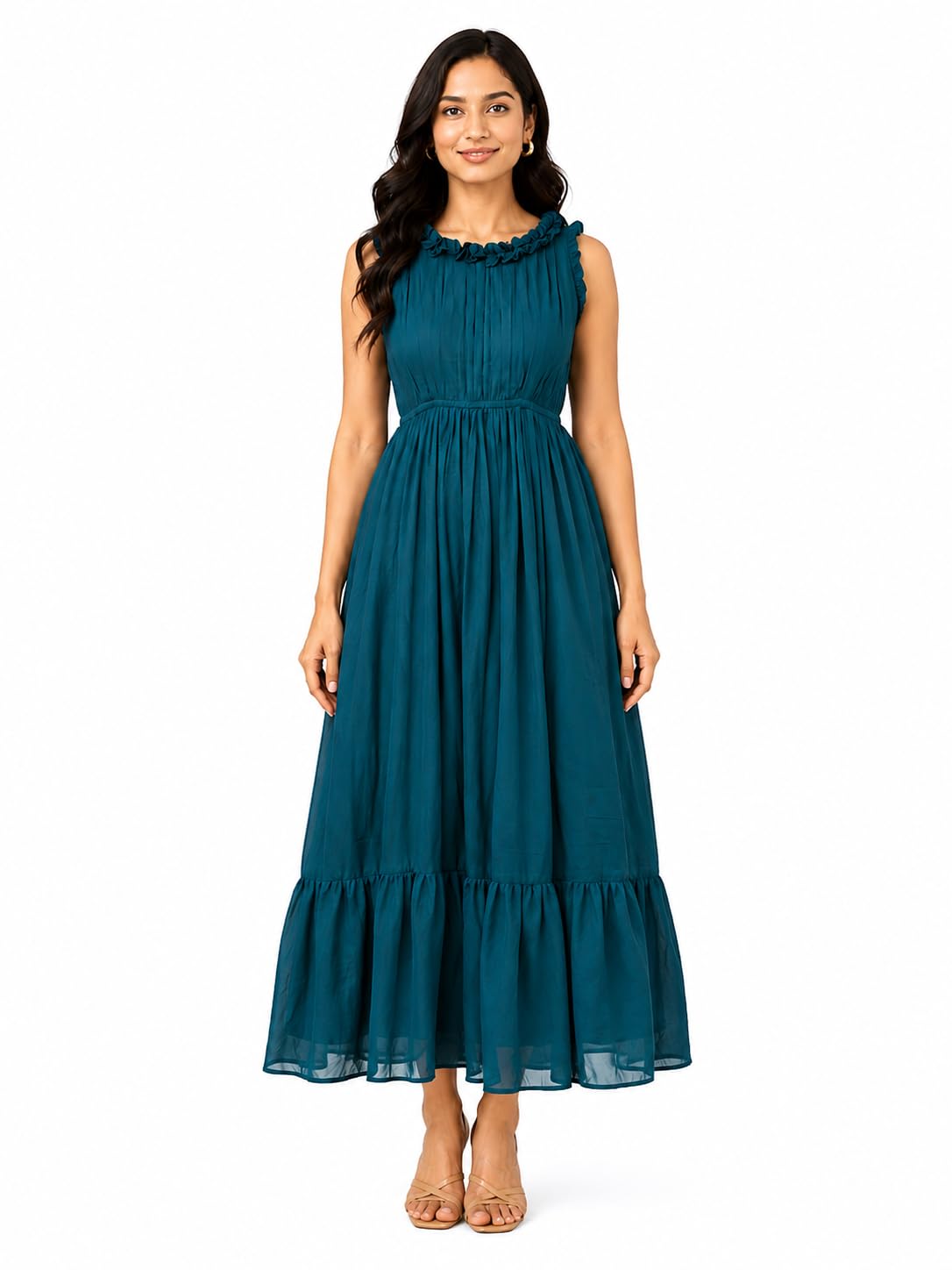 Fit & Flare Sleeveless Teal Georgette Maxi Dress with Ruffle Neck-image-15