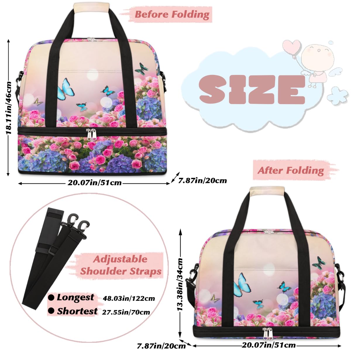Bolsa de viaje plegable con diseño de rosas, flores, mariposas, 47 l, bolsa de fin de semana con funda para carrito de transporte, bolsa de hombro separada para deportes, gimnasio, viajes, multicolor,