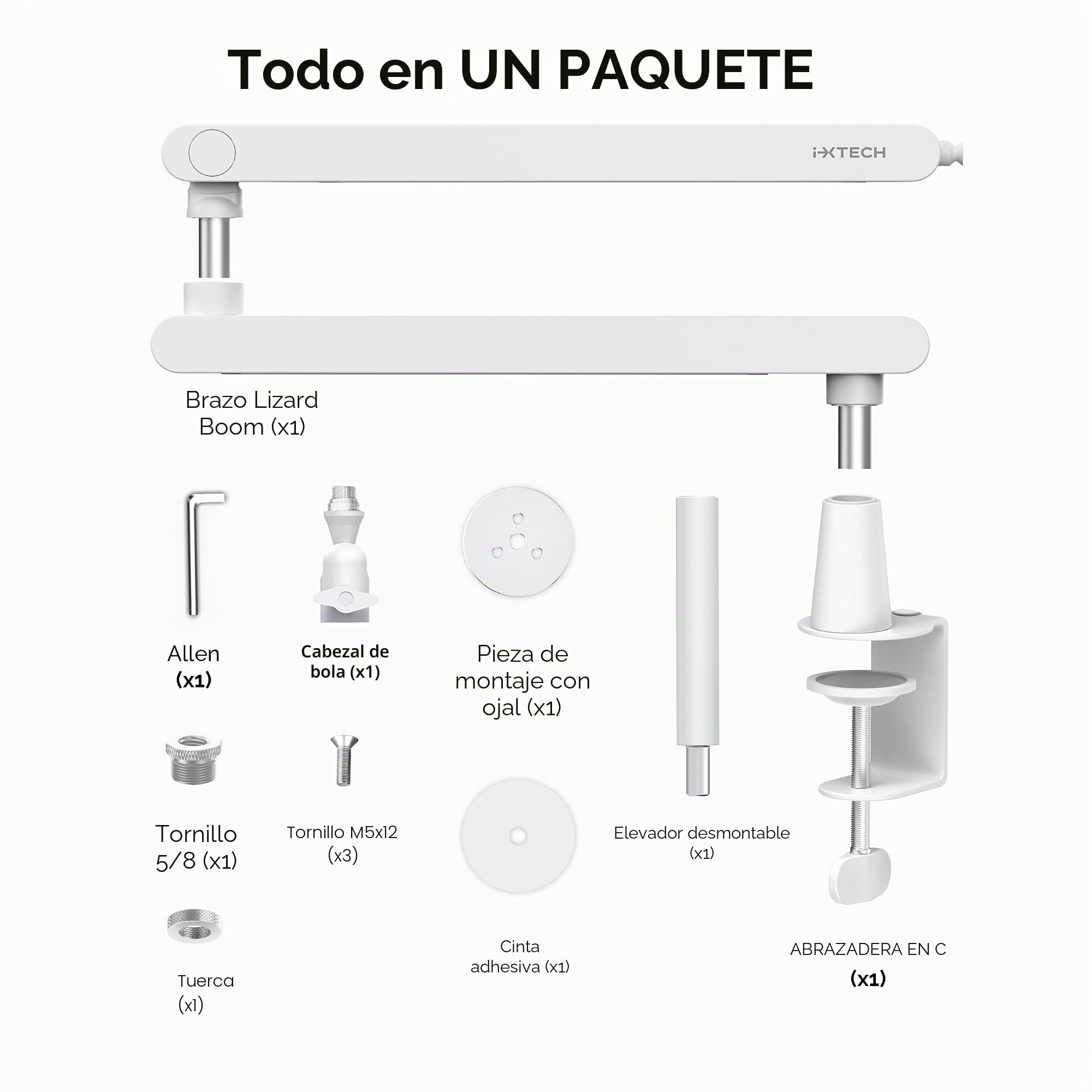 IXTECH Soporte de brazo para micrófono ajustable con rotación de 360°, soporte de micrófono de perfil bajo con brazo de boom para micrófono completamente ajustable y soporte universal para