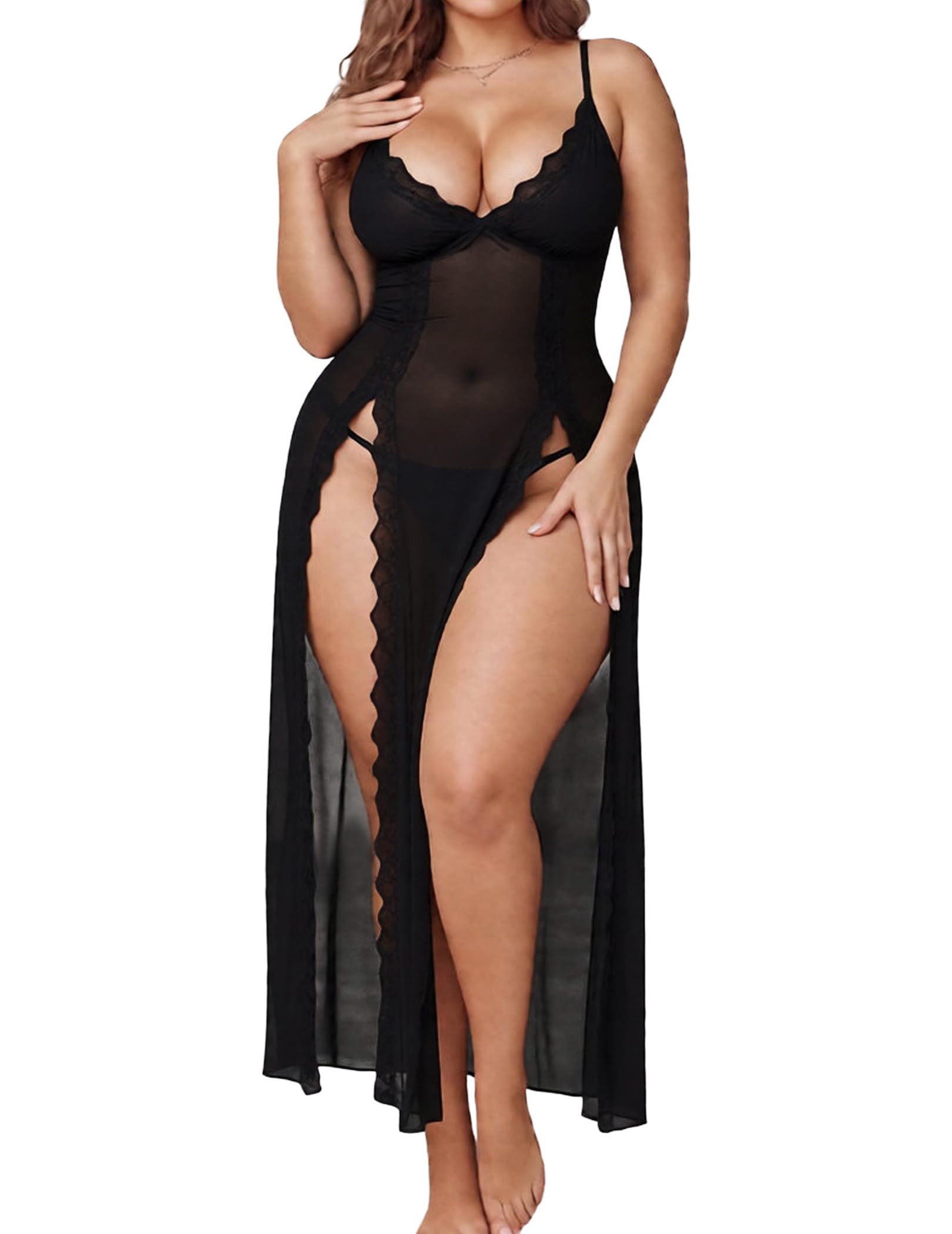 Alrovetoney Women's Plus Size Lingerie Mesh Nightgown Strappy Side Slits