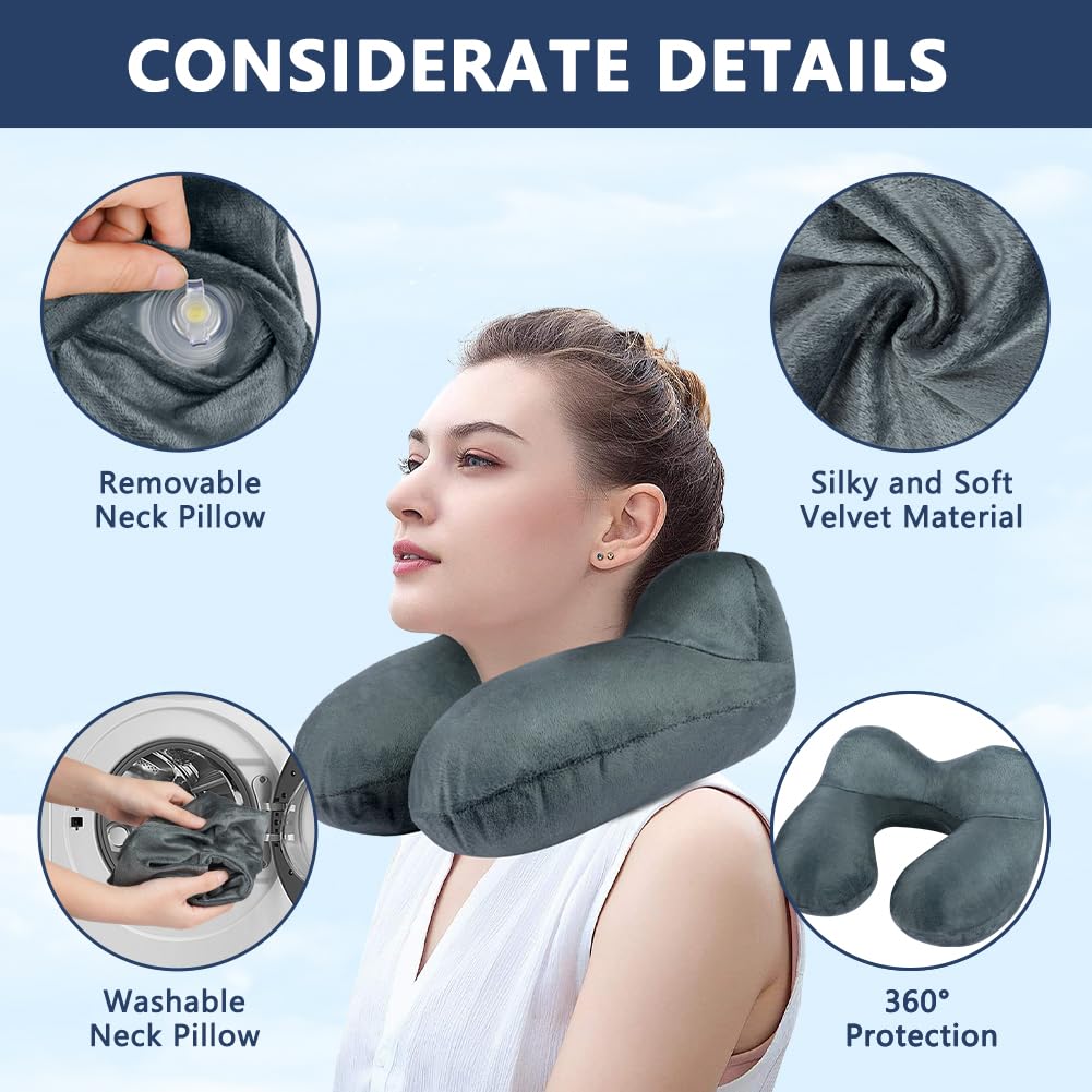 Oreiller De Voyage Mémoire De Forme Réglable Gris Foncé – Coussin Nuque Avion Avec Masque Yeux + Bouchons D’Oreilles, Ultra Confort