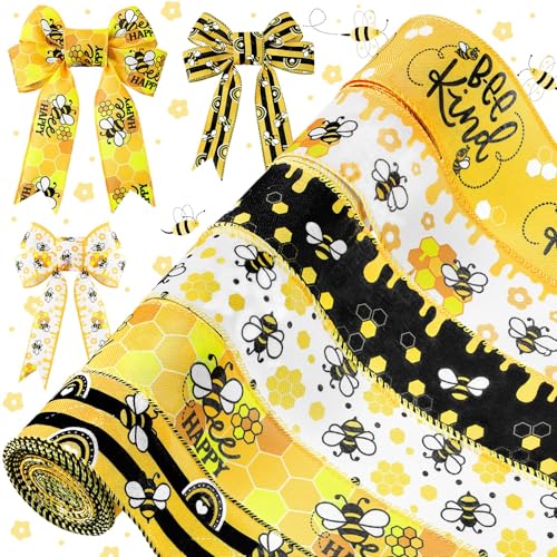 Fanfanwin 6 Rolls 30 Yards Honey Bee Wired Ribbon 2 Inch Yellow Spring Summer Ribbon Bee Gifts for Craft Wrapping Bow Wreath Ornaments Home Party Decoration