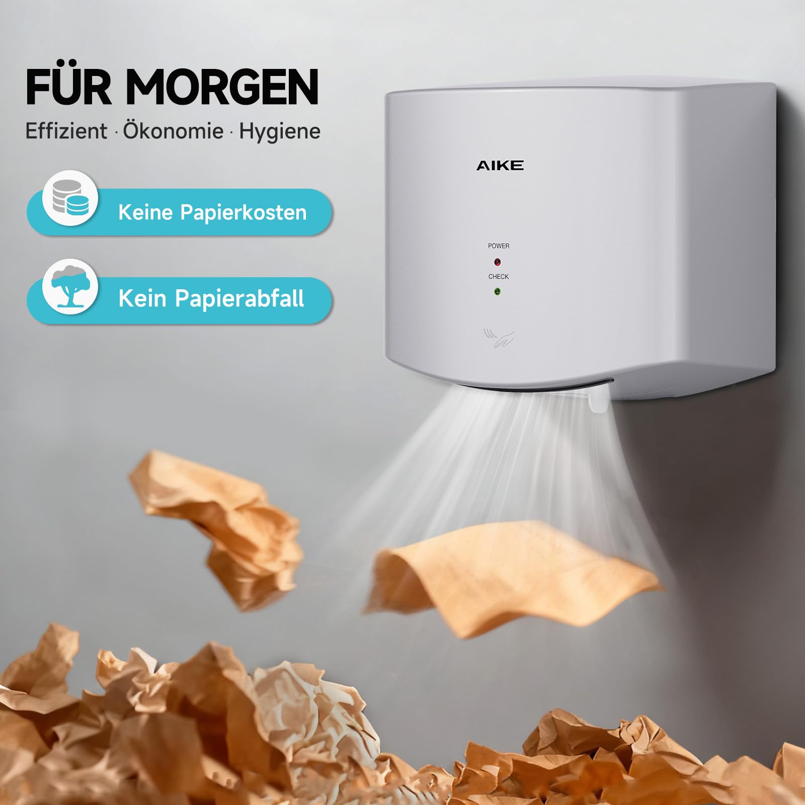 AIKE Air Wiper Kompakt Händetrockner, Hochgeschwindigkeit, 1400W 220V, Stecken & Loslegen, Papierlos & Berührungslos für Öffentliche Toiletten, AK2630S