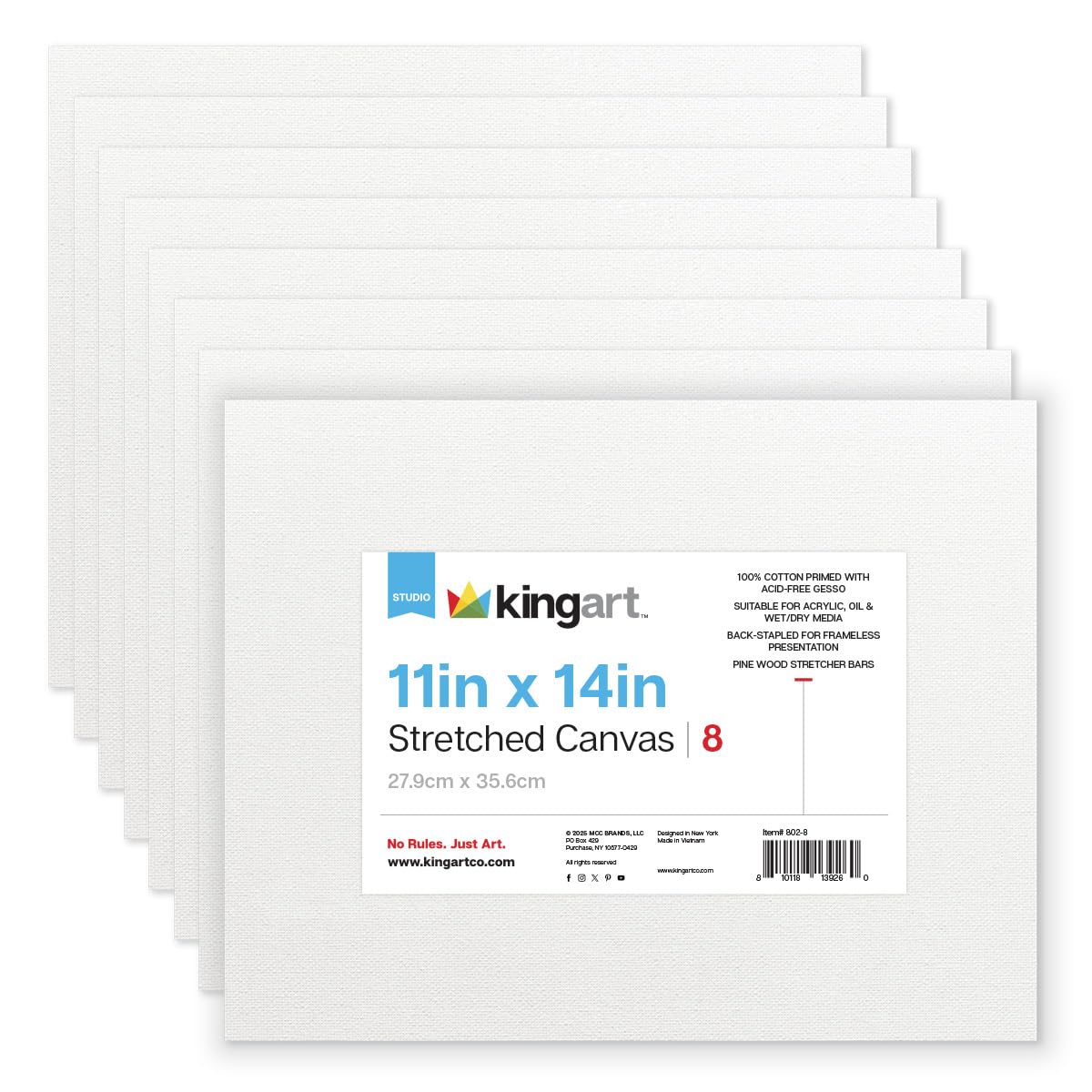 Kingart 802-8 - Lienzo estirado (27,9 x 35,6 cm, 8 unidades), color blanco