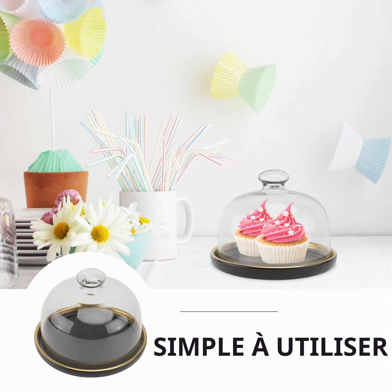 DOITOOL 1 présentoir à gâteau avec Cloche en Verre - Plateau de Service - Plateau à Dessert - Plat à Dessert - Plat à Pain pour crème Fromage, gâteau, Salade - Noir