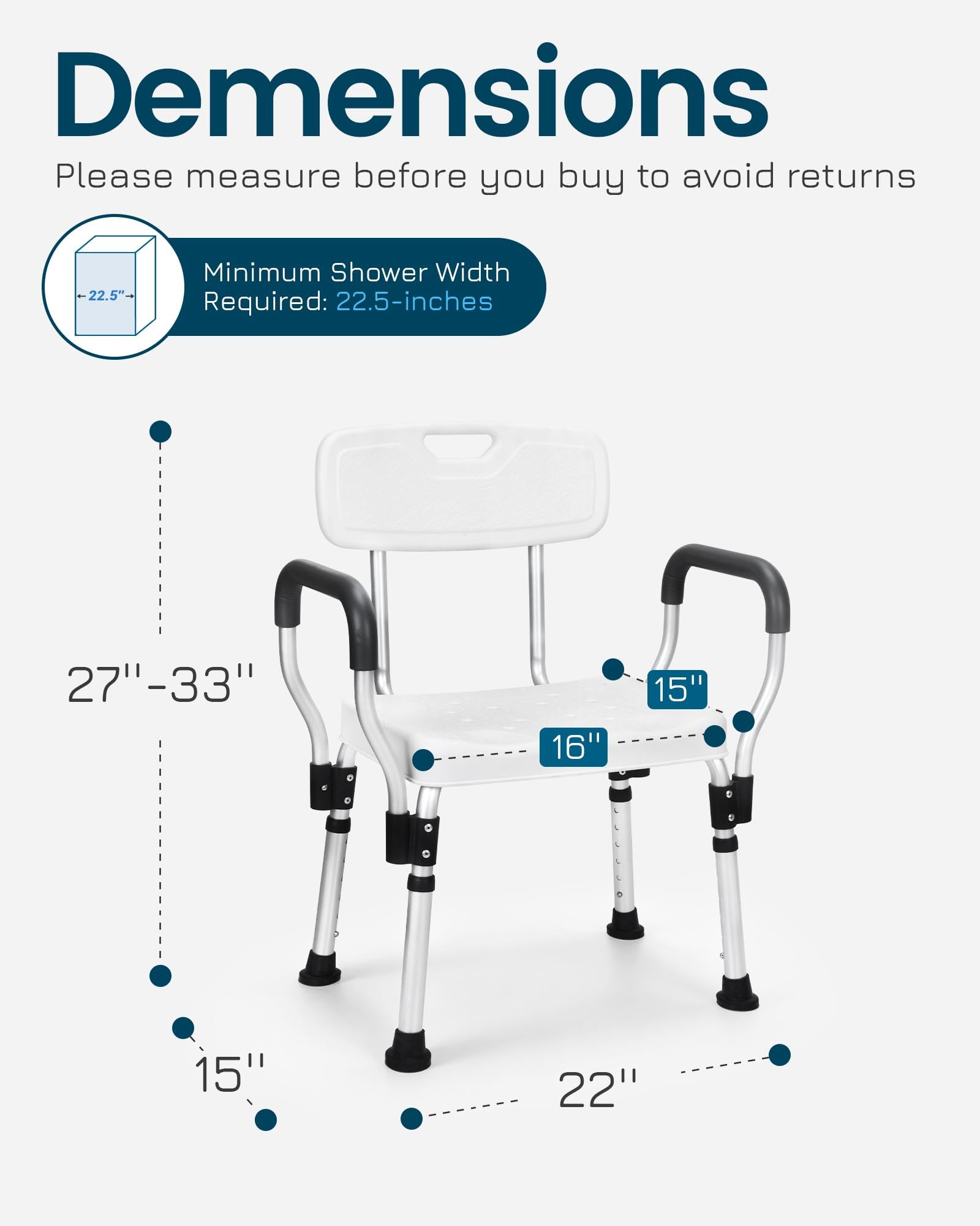 HDB-796C - Silla de ducha para ducha interior con respaldo, asiento de ducha resistente para bañera - Asiento de baño de seguridad de altura ajustable para ancianos discapacitados y
