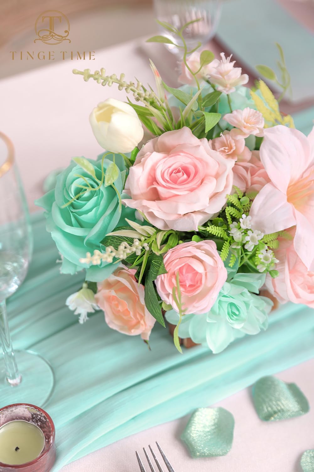 TINGE TIME Wedding Centerpiece Flower with Basket, Set of 2 Large Artificial Flowers Floral Arrangement for Tabletop Mantel Archway Aisle (MintGreen&Pink) - Image 7