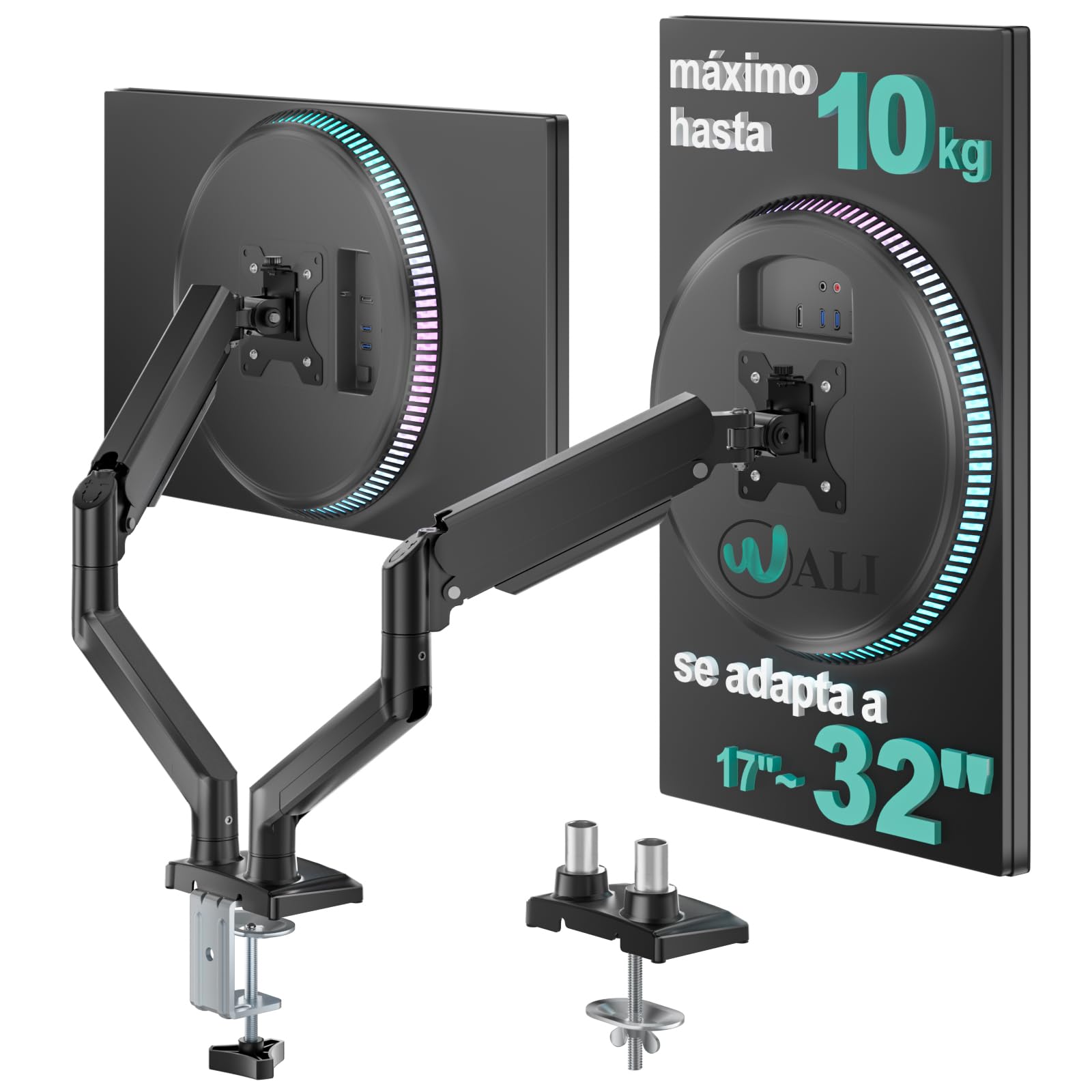 WALI Soporte de Monitor Dual para Pantallas de computadora de 17 a 32 Pulgadas, Brazos de Monitor Dobles para 2 monitores con Capacidad para hasta 22 Libras, Soporte de Monitor Dual Ajustable en