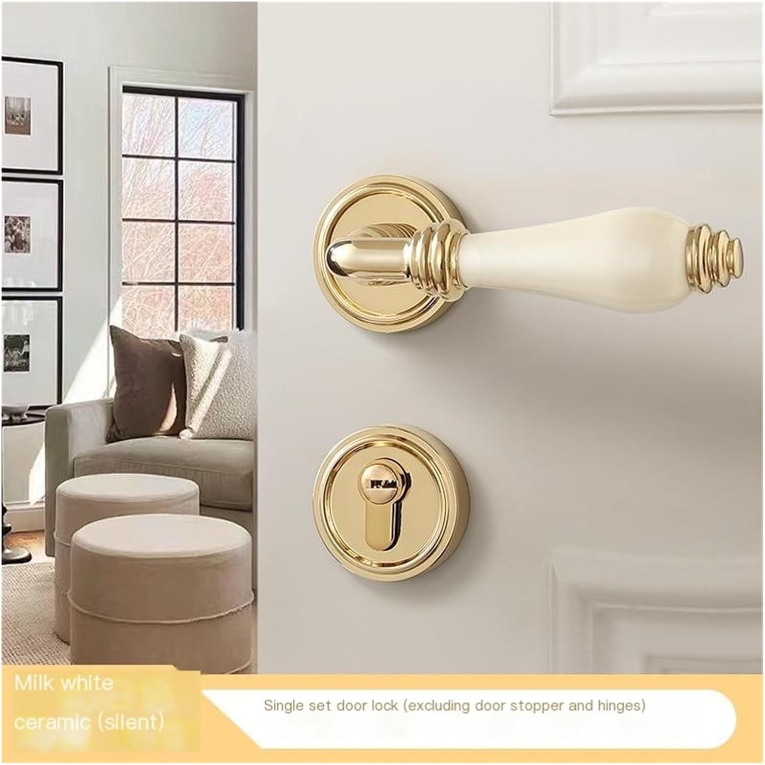 フランス中世スタイル亜鉛合金セラミックルームドアハンドルサイレント家庭用磁気セラミックロック寝室ドアロック(Milk white,S