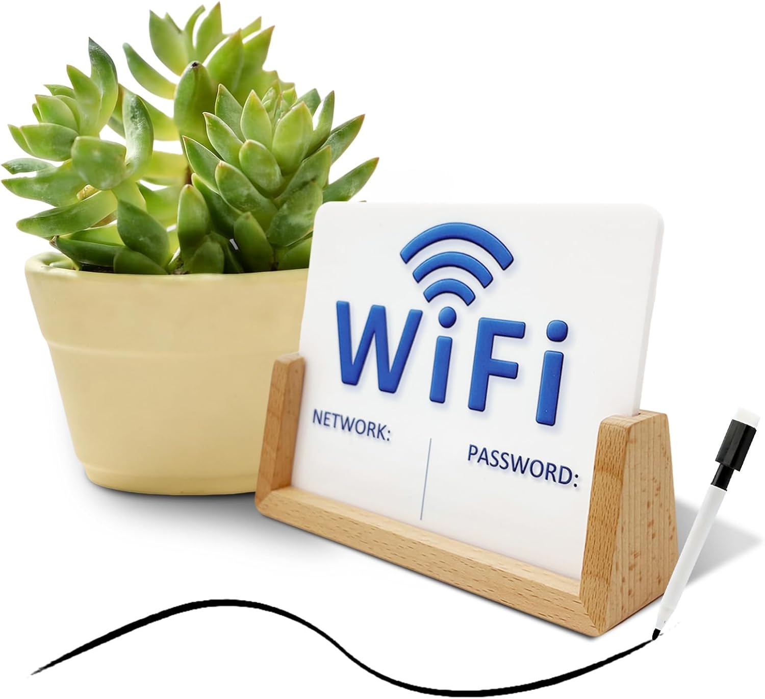 2 Pack Wifi Signs for Guests - Blue & Black Font Wifi Sign with Wooden Base - Custom Wifi Password Sign for Home, Office, Cafe, with 1 Sponge Erasable Marker Pen (6.4" x 4.8")