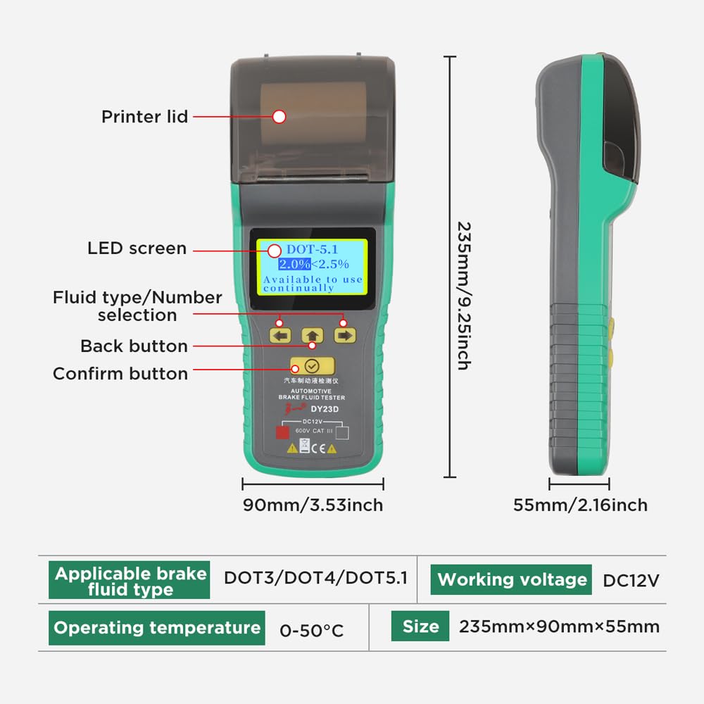 Probador de Líquido Frenos para Coche con Impresora Herramienta Precisa Prueba Contenido Agua Alarma Acústica y Visual Comprobación Vehículos