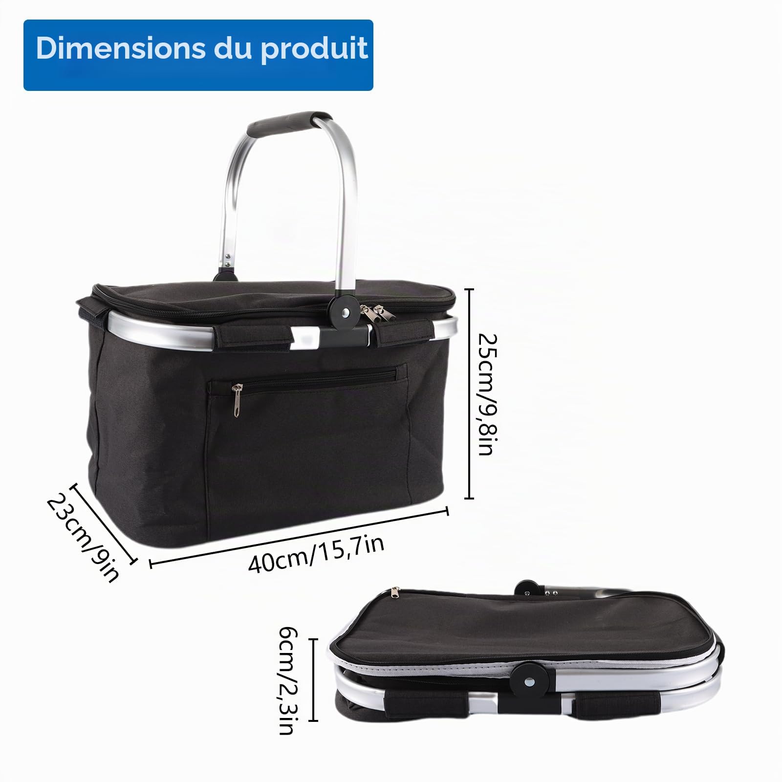 Panier Pique Nique Pliable, 34L Sac Isotherme Courses, Noir Panier Picnic pour Le Pique-Nique, Les Voyages