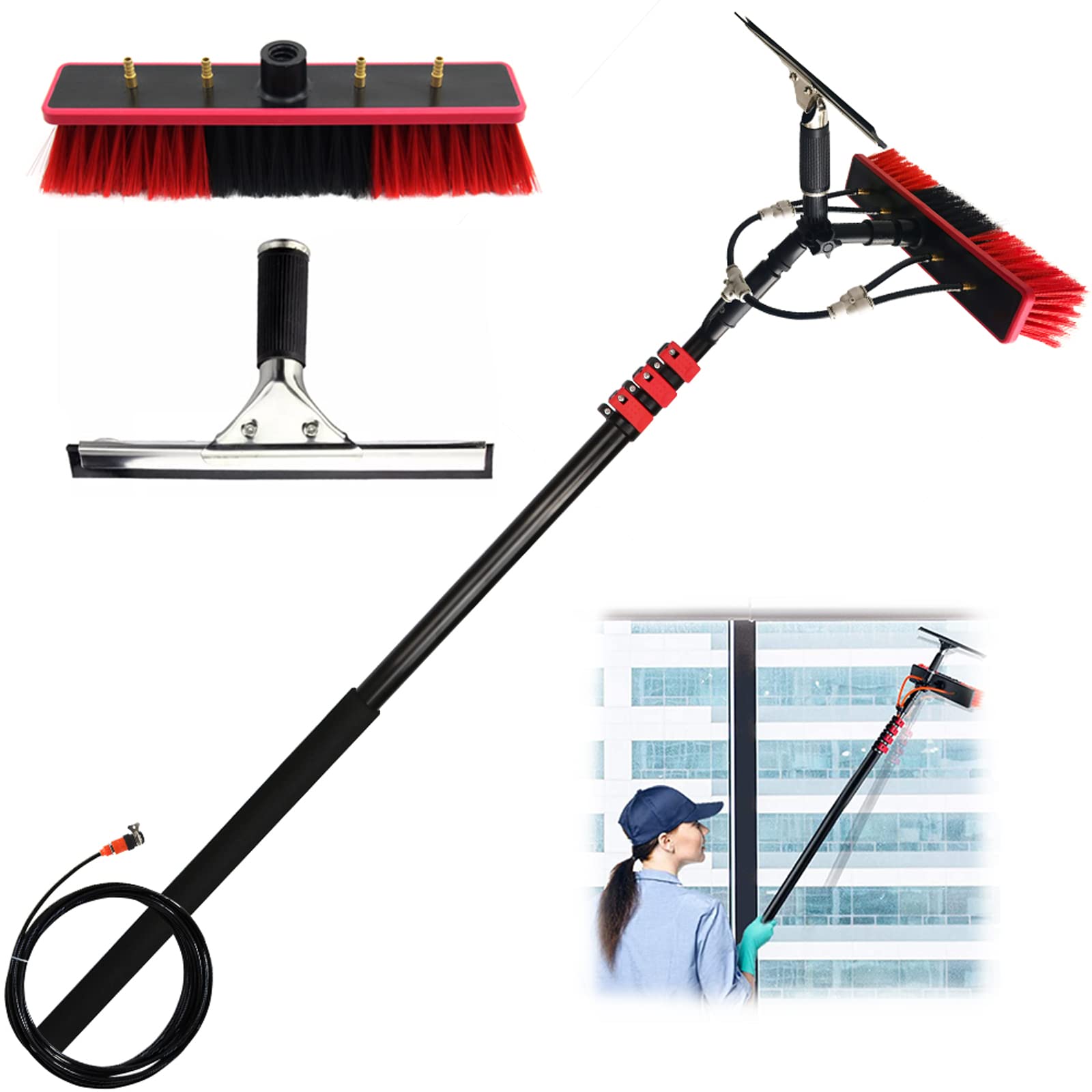 BHFLJSAQ Telescopic Outdoor Window Cleaning Pole with Water Fed Brush & Squeegee - Extendable Reach for Effortless Exterior Window Cleaning
