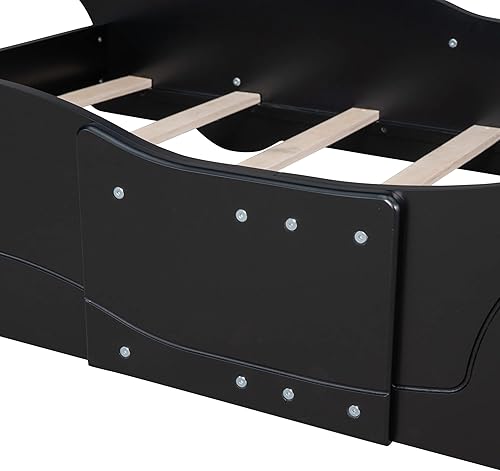 Miniatura 9 de SOFTSEA Cama de plataforma en forma de auto de tamaño individual, cama de automóvil de carreras con ruedas para niños y niñas, marco de cama de piso