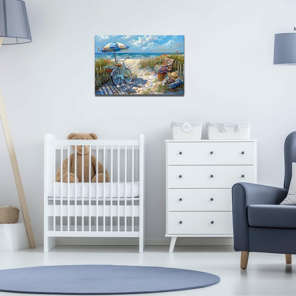 ZQQART Lienzo de playa para pared, diseño de bicicleta junto al mar con flores, cuadro de paisaje costero para decoración de baño (playa 3,16 cm x 61 cm)
