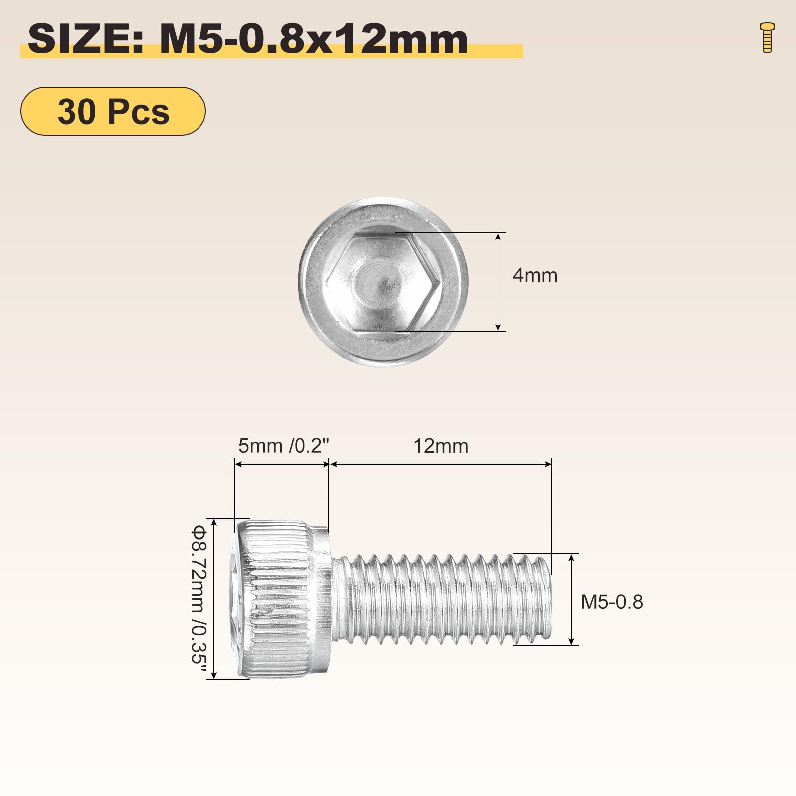 METALLIXITY Socket Head Cap Screw(M5-0.8x12mm)30Pcs, 304 Stainless Steel Allen Socket Drive Metric - Image 2