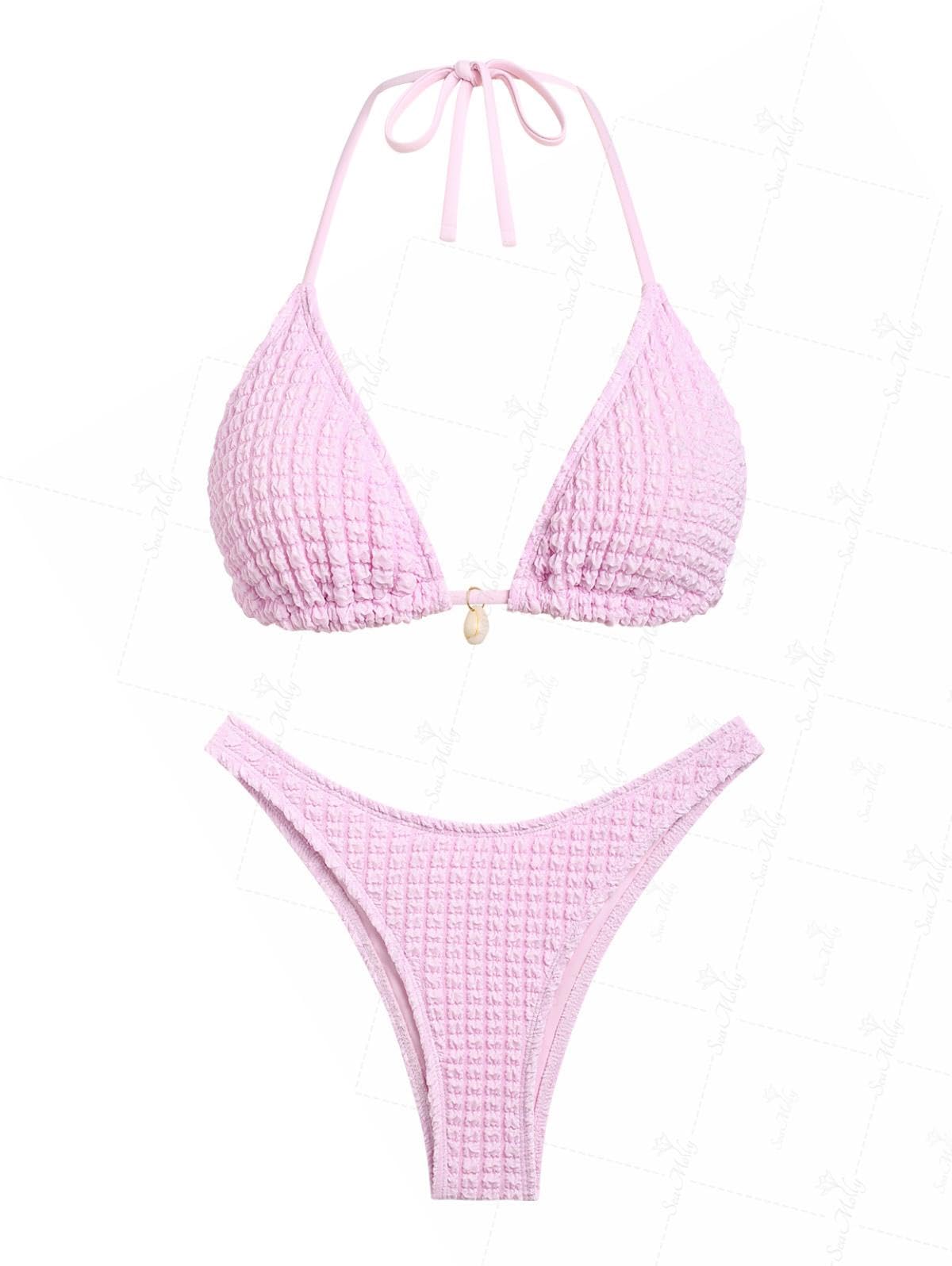 Women‘s Bikini Sets Two Piece Swimsuit Textured Halter Triangle Thong Bikini Set-image-24