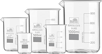 Bello Borosilicate 3.3 Glass Beaker 10 ml, 100 ml, 250 ml, 500 ml, 1000 ml with Graduation Marks, Set of 5 Beakers for school collage chemistry lab laboratory