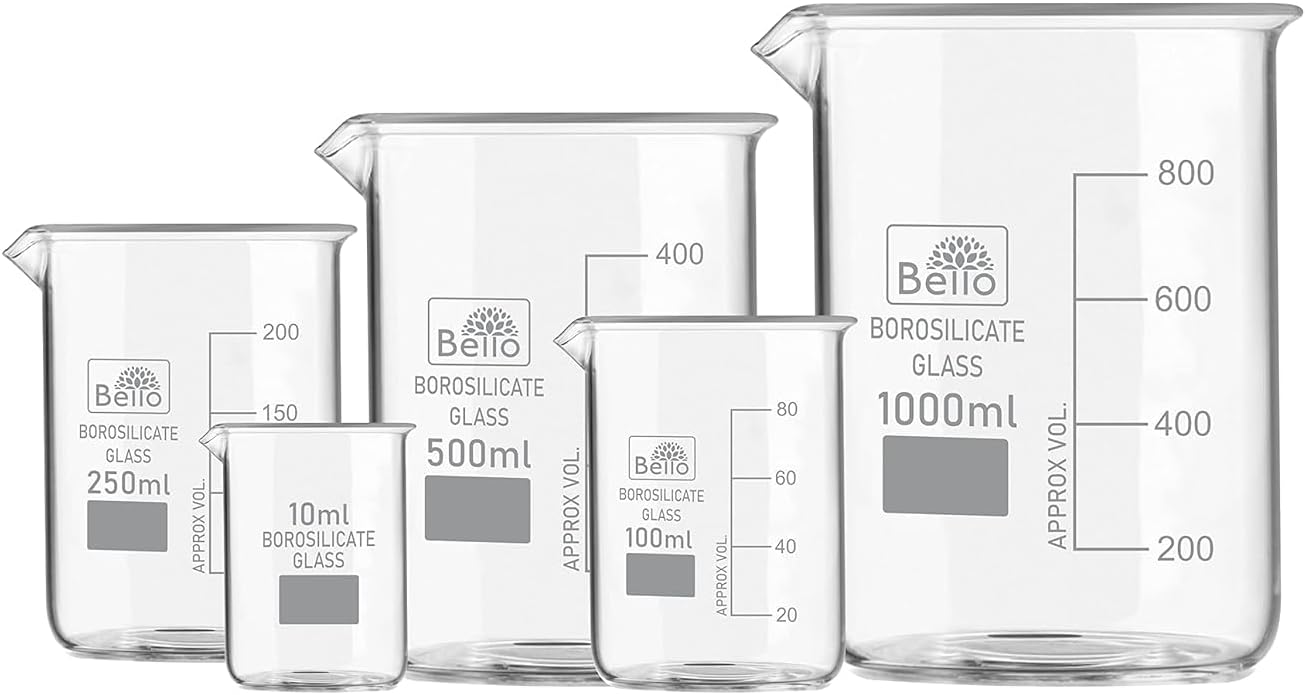 Bello Borosilicate 3.3 Glass Beaker 10 ml, 100 ml, 250 ml, 500 ml, 1000 ml with Graduation Marks, Set of 5 Beakers for school collage chemistry lab laboratory