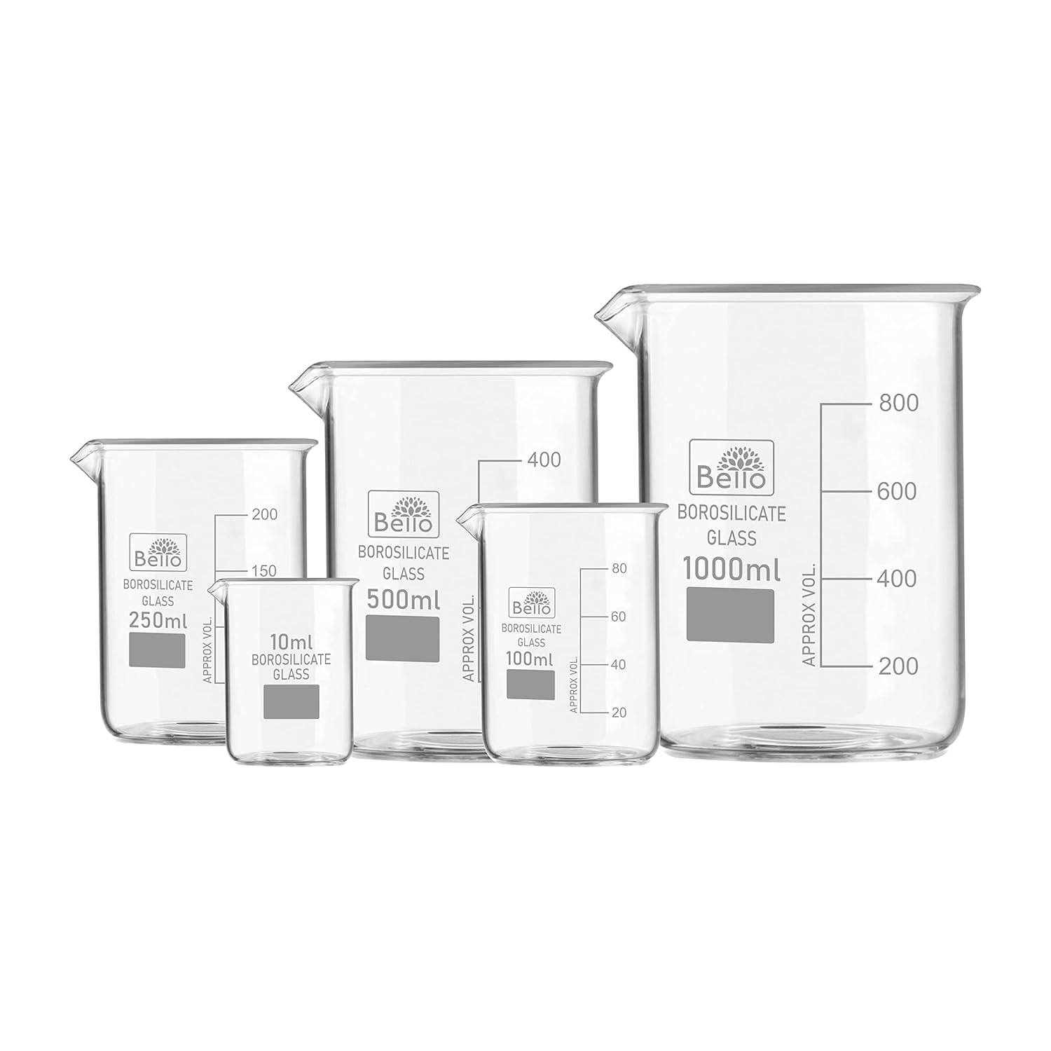 Bello Borosilicate 3.3 Glass Beaker 10 ml, 100 ml, 250 ml, 500 ml, 1000 ml with Graduation Marks, Set of 5 Beakers for school collage chemistry lab laboratory