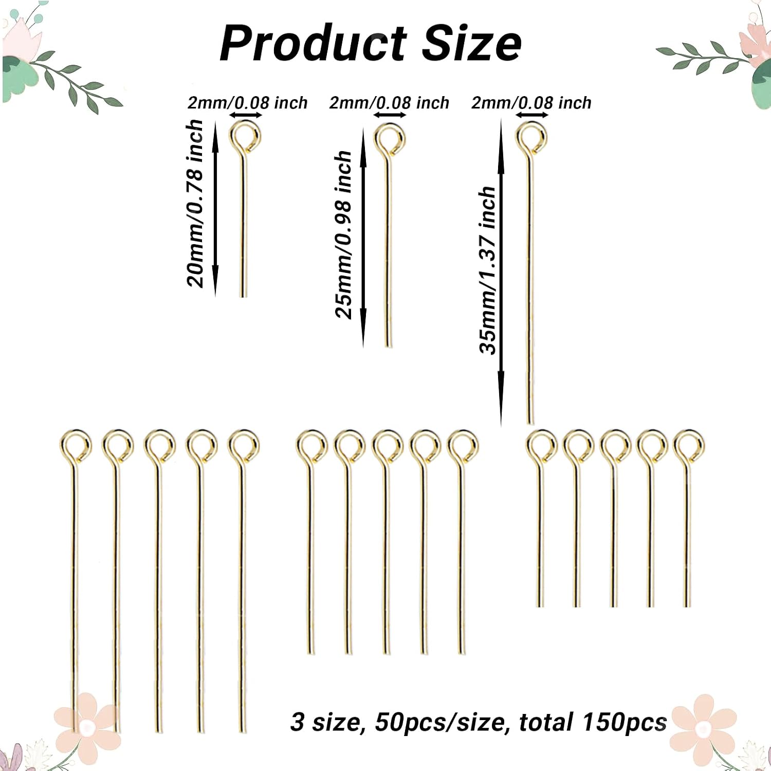 150Pcs 14K Gold Head Pins 3 Size Brass Flat Ball Head Pin Findings 20mm 25mm 35mm Straight Pins Jewelry Pin Needle for Beading Jewelry Making DIY Earring Necklace Bracelets Crafts