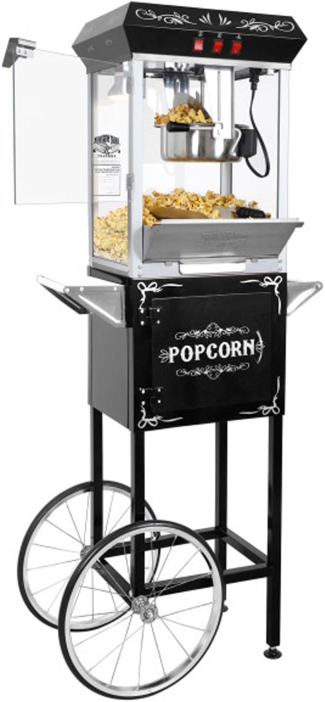 Foundation Popcorn Maker Machine with Cart - 8oz Stainless Steel Kettle Makes up to 48 Cups - Movie Theater Style Vintage Popcorn Machine Cart on Wheels by Great Northern Popcorn (Black)