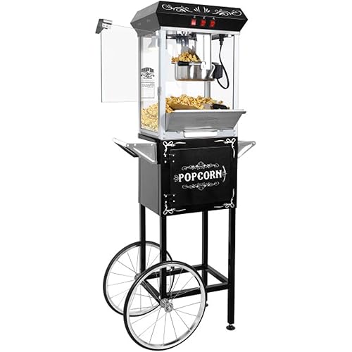 Foundation Popcorn Maker Machine with Cart - 8oz Stainless Steel Kettle Makes up to 48 Cups - Movie Theater Style Vintage Popcorn Machine Cart on Wheels by Great Northern Popcorn (Black)