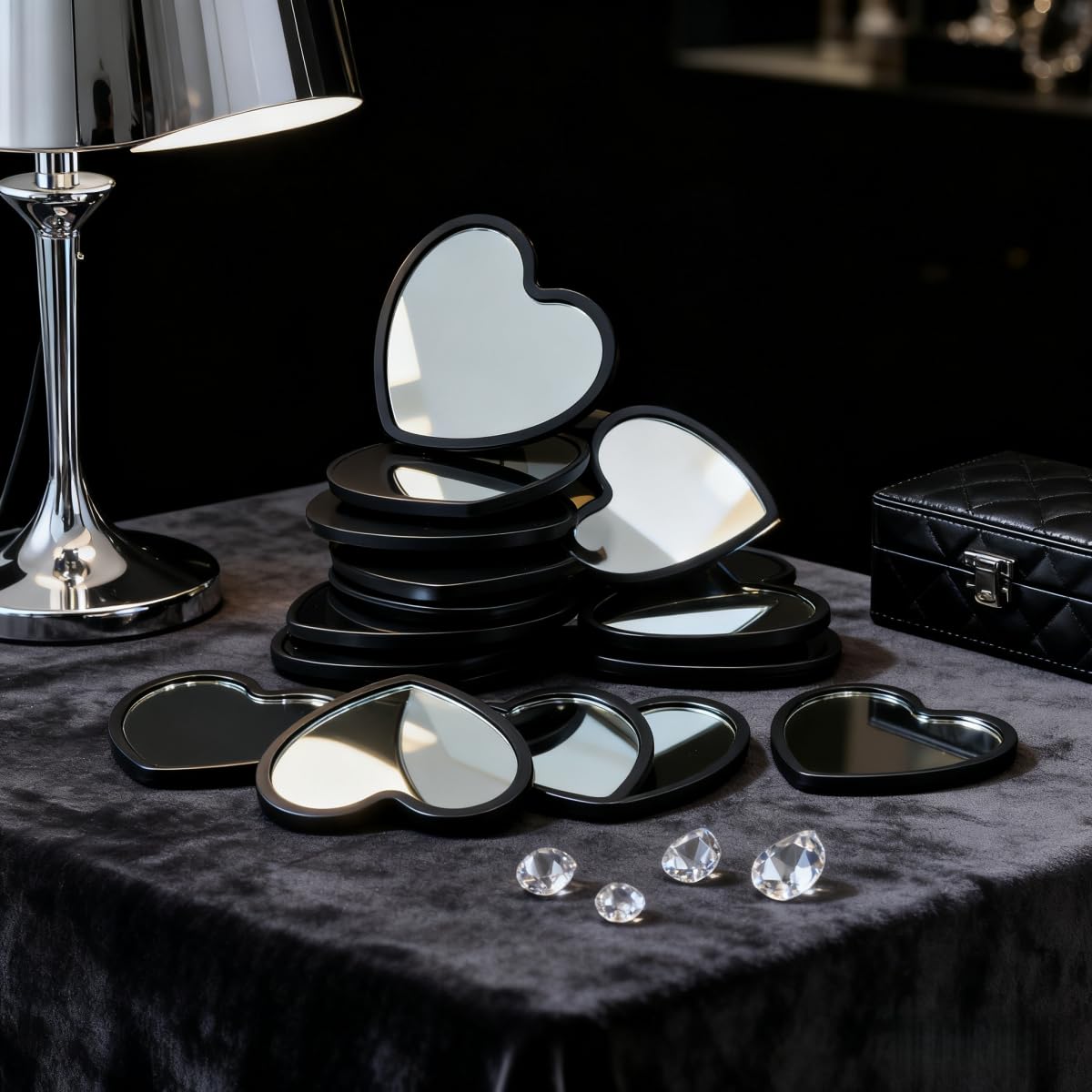 12PCS Heart-Shaped Mini Mirrors, Portable Foldable Makeup Mirrors HIPS Compact for Travel Vanity Pocket Pink White Black, Black