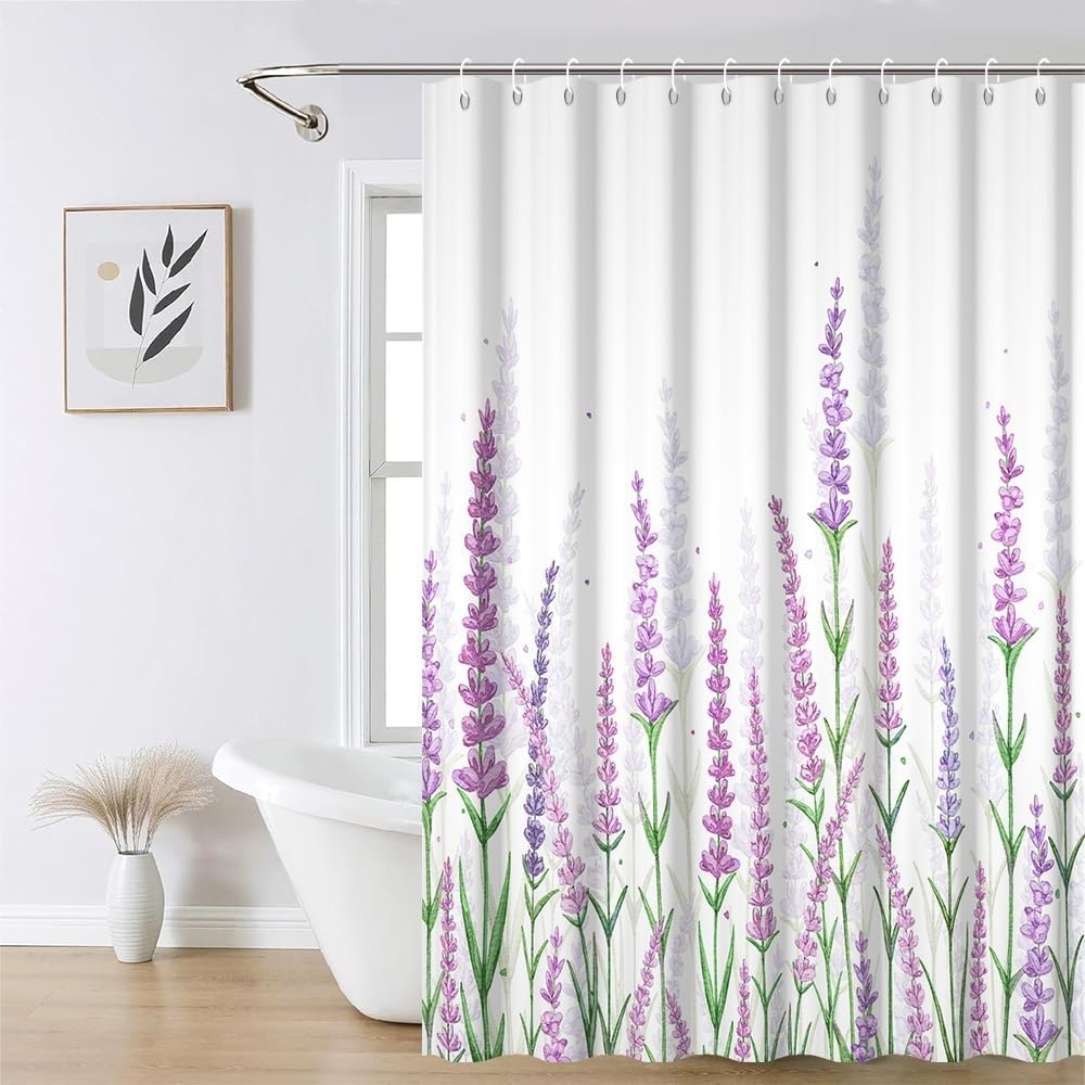 Purple Lavender Shower Curtain for Bathroom Modern Botanical Themed Bathroom Set Decor Gorgeous Watercolor Purple Flowers Bathtub Curtains Washable Waterproof Polyester Fabric with Hooks 72x78 Inch