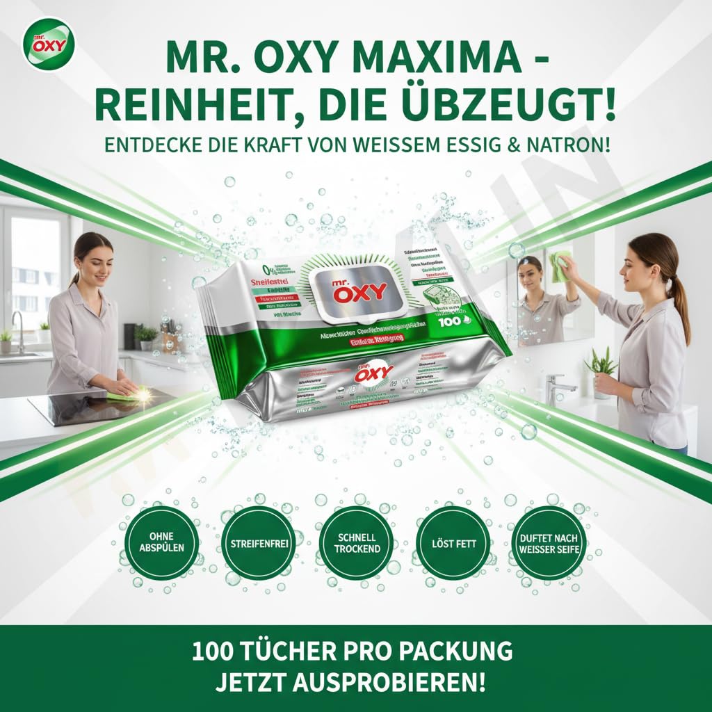 Mr. OXY Maxima Allzweck-Reinigungstücher Streifenfrei, Fettlösend, Schnell Trocknend, Duft nach Weißer Seife – Mit Weißem Essig & Natron – Ohne Nachspülen, Einfache Reinigung (Pack of 6)