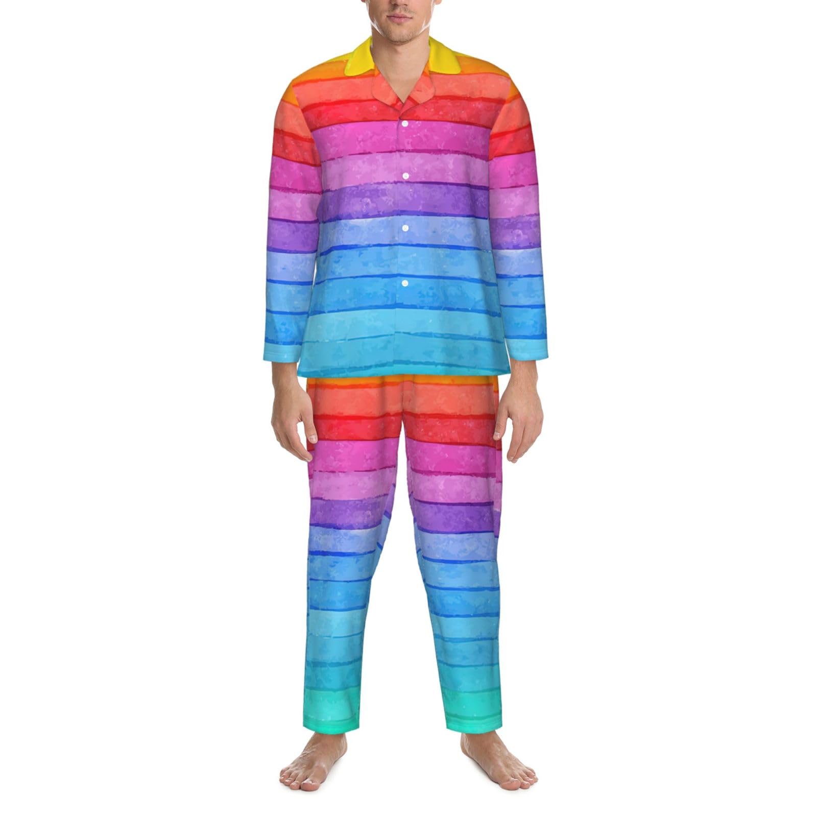 Arcobaleno Colorato A Righe Stampa Degli Uomini Manica Lunga Pigiama Set Traspirante Accogliente Lounge Wear Due Pezzi Sleepwear