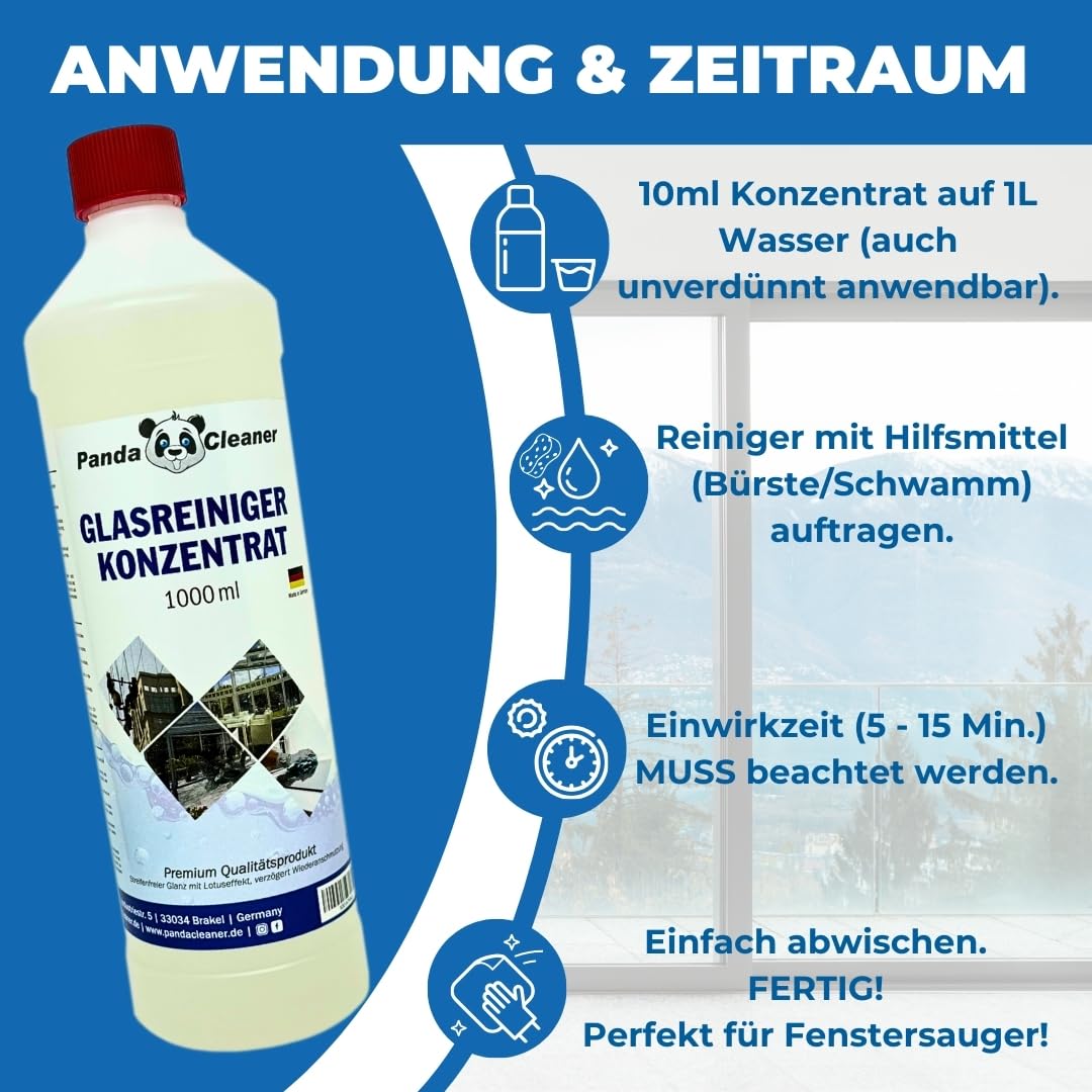 PandaCleaner Fenster Reinigungsmittel - 12x 1L Fensterputzmittel streifenfrei - Glasreiniger Profi - Bio Fensterreiniger Konzentrat für langanhaltende Sauberkeit (12x1000ml)