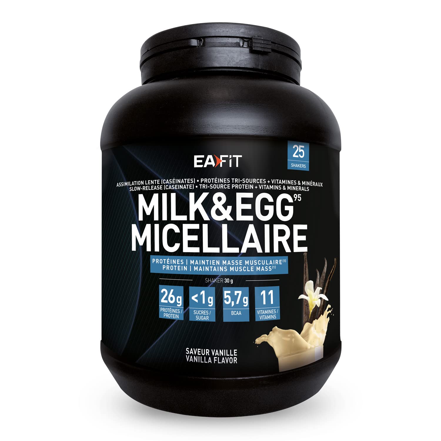 EAFIT Milk Egg 95 Micellaire 750 g - Gusto vaniglia - Massa Muscolare a Secco - Proteine della Caseina - Culturismo - Mantenimento della massa Muscolare - Assimilazione Lenta - 25 porzioni