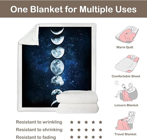 Miniatura 5 de Sleepwish Manta de vellón de eclipse lunar para sofá o silla, manta de sherpa de felpa azul oscuro con estampado de fases lunares para niños, manta