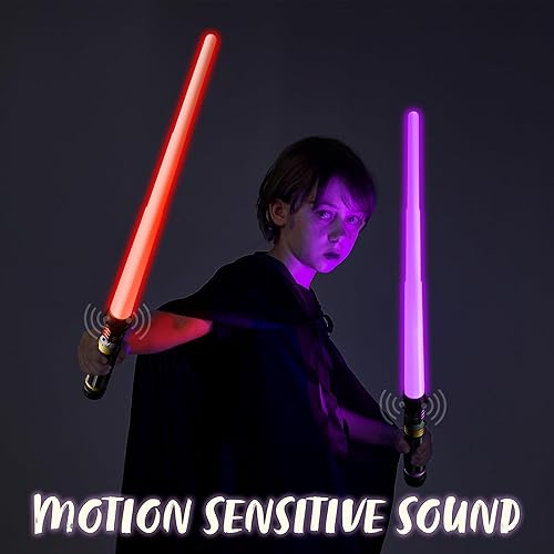 Miniatura 6 de JOYIN Espada LED extensible 2 en 1 con mango dorado, 2 unidades, espadas iluminadas con sonido sensible al movimiento, disfraz de Halloween,