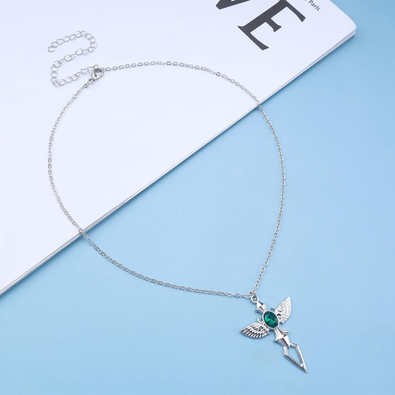 Andelaisi Boho Emerald Cross Choker Necklace Viking Wings Sword Necklace Silver Wing Sword Pendant Necklace Vintage Angel Wing Sword Necklace Choker Jewelry for Women Amulet Necklace - Image 3