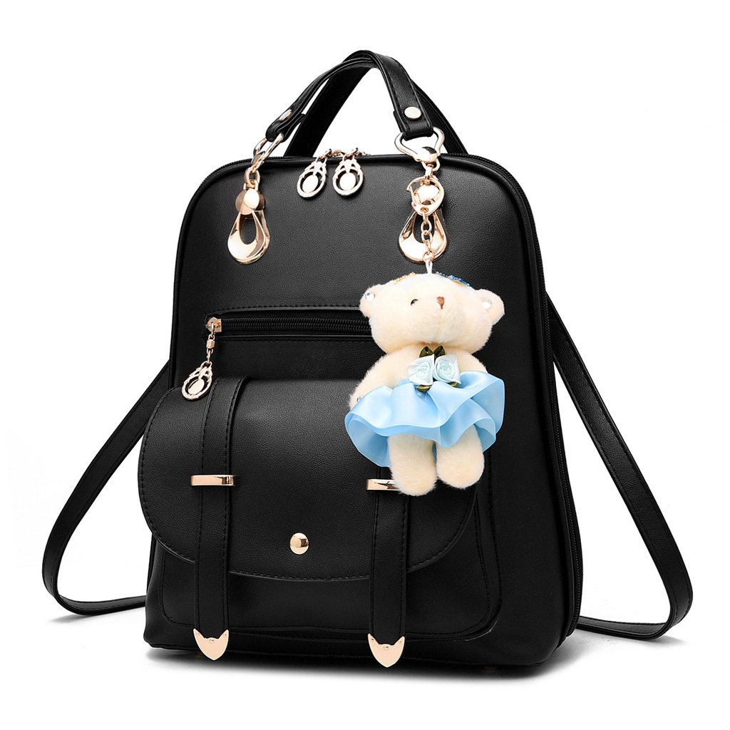 Women's Backpack PU leather shoulder bag, college style design - handbag with cute cartoon bear pendant accessories, girl Messenger bag suitable for shopping, travel, school, leisure ( Color : Black )