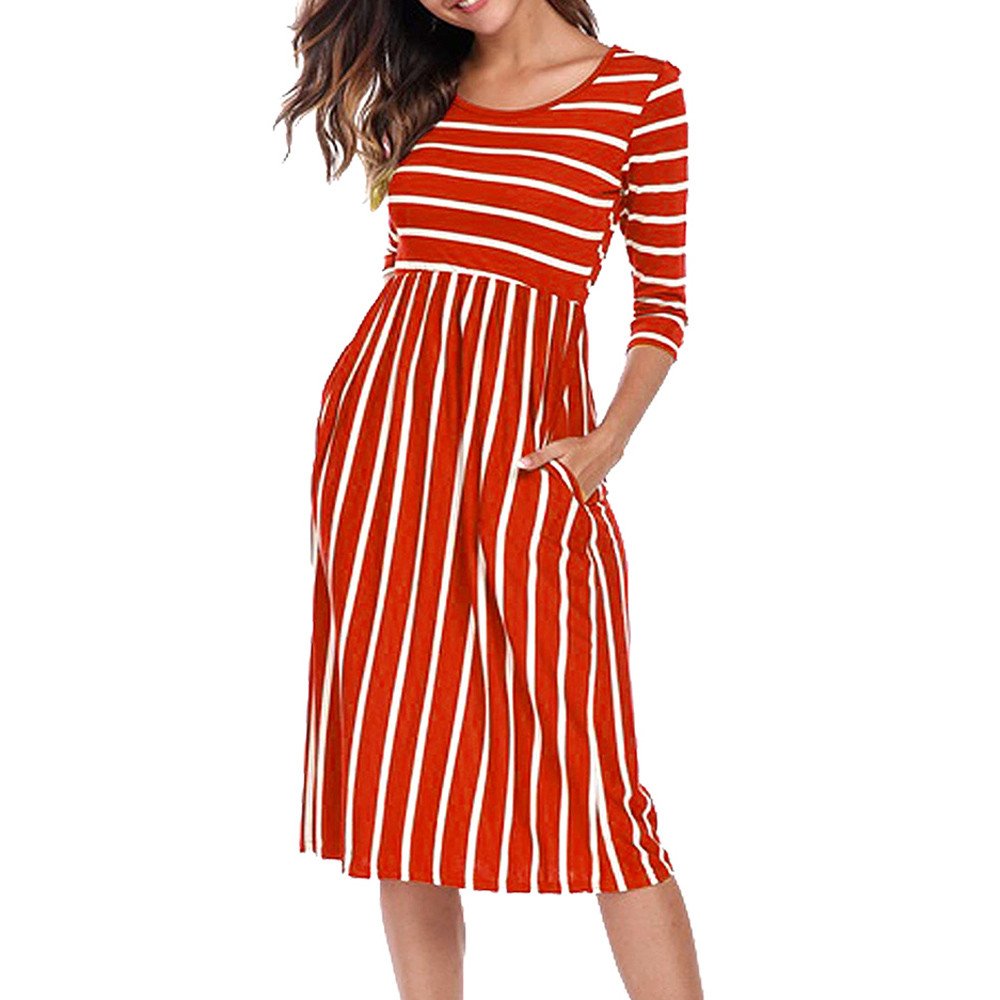 Loose Dress Women's Striated Print Pocket Short Sleeve Petal Skirt