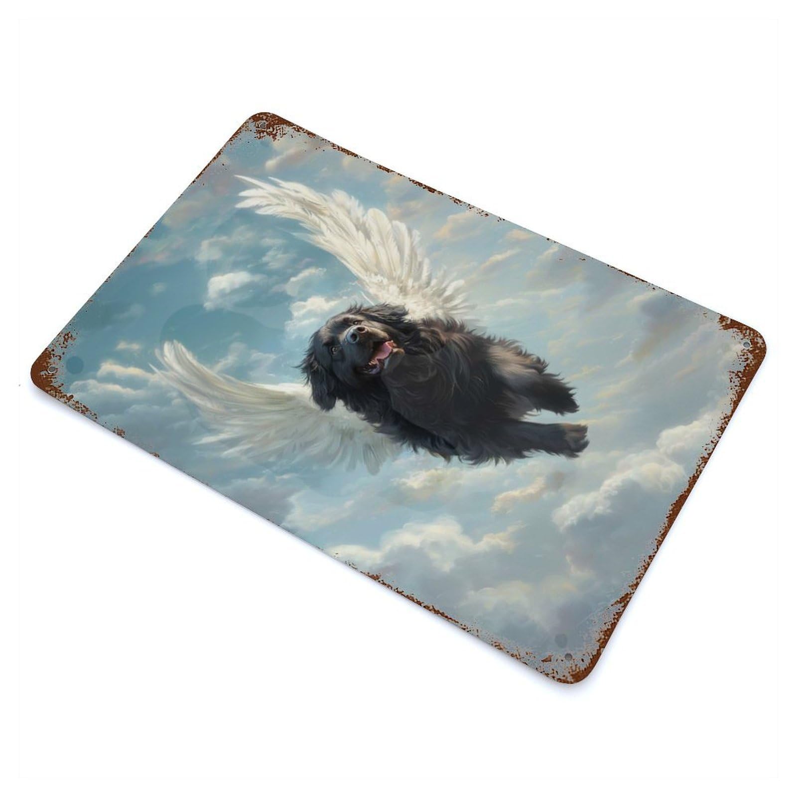 Garage Style Newfoundland Angel Gentle Giant Pet Tribute Dog with Angel Wings Aged Metal Wall Plaque 11.8"x7.9", Farmhouse Wall Decor for Bar And Workshop