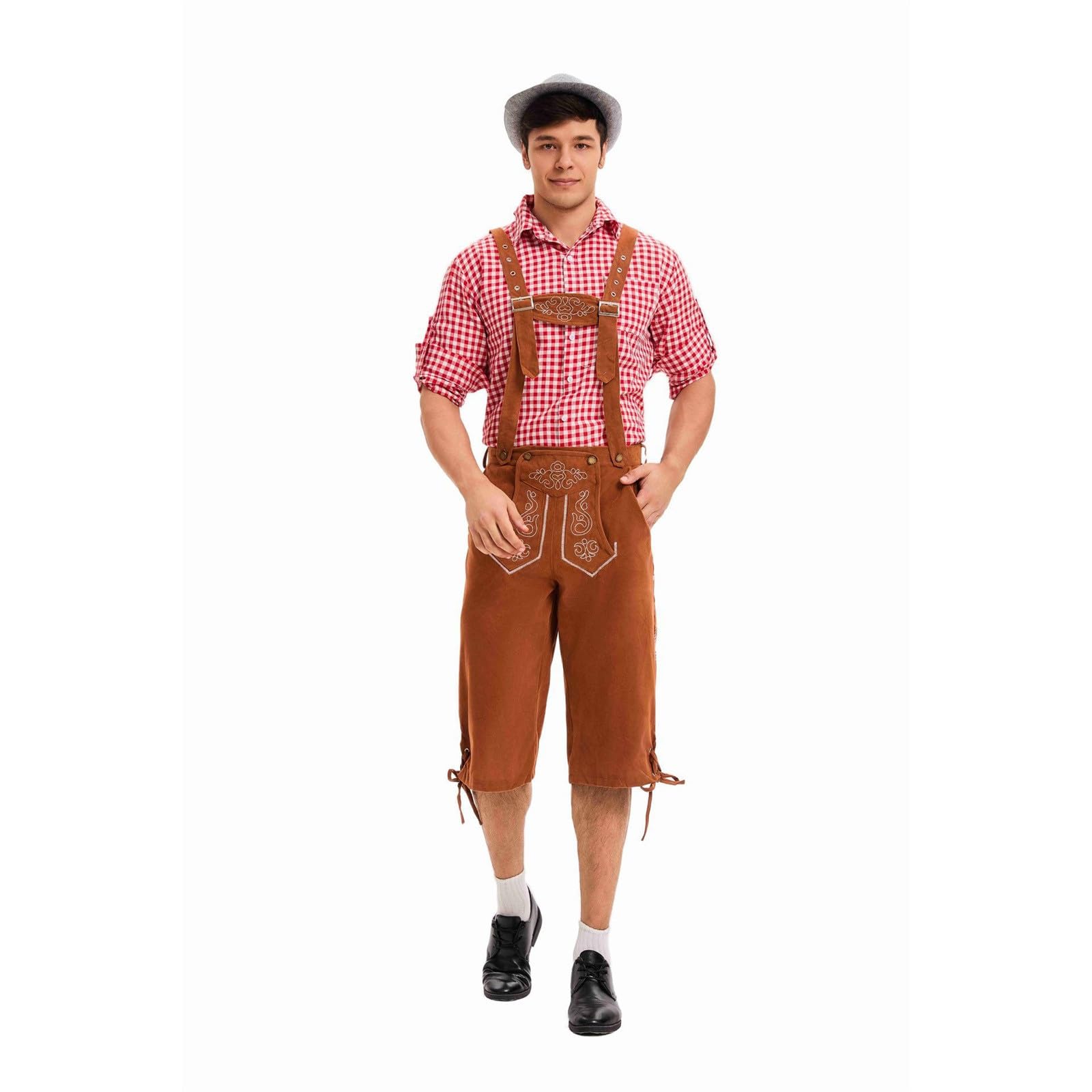 Lederhose Herren Set, Lederhosen Tracht Herren Trachtentrachtenlederhosen Kurz Trachtenhose Vintage Trachtenlederhose Oktoberfest Outfit Men Hose + Hemd + Mütze