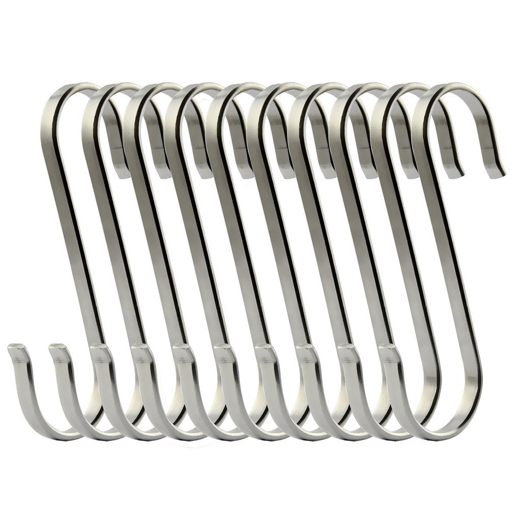 Oderola 10-Pack Stainless Steel Flat S Shaped Hanging Hooks Hanger Silver Kitchen Spoon Pot Pan Clothes Storage Rack Size Large