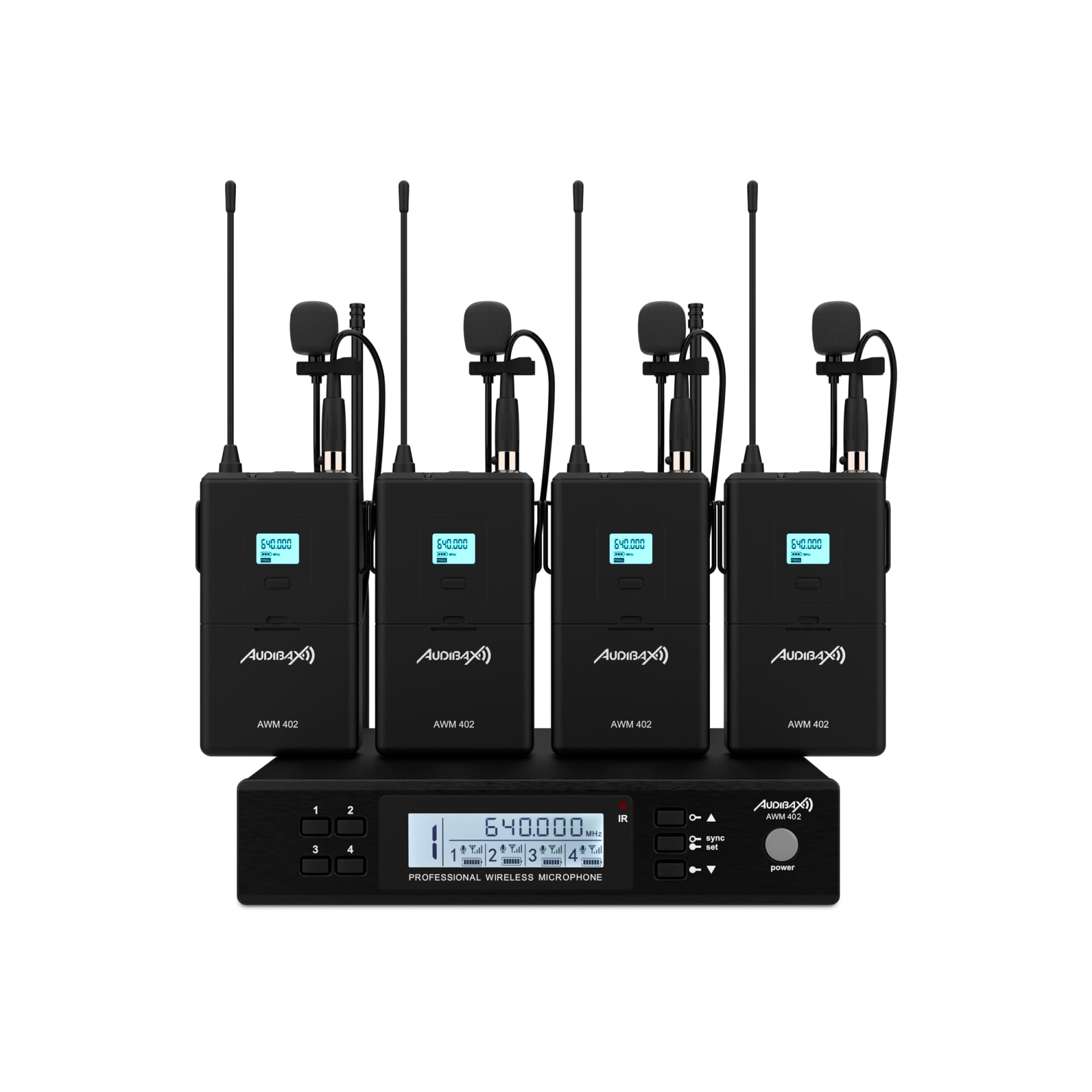 Audibax AWM 402 Sistema Inalámbrico Micrófono Lavalier de 4 Canales UHF