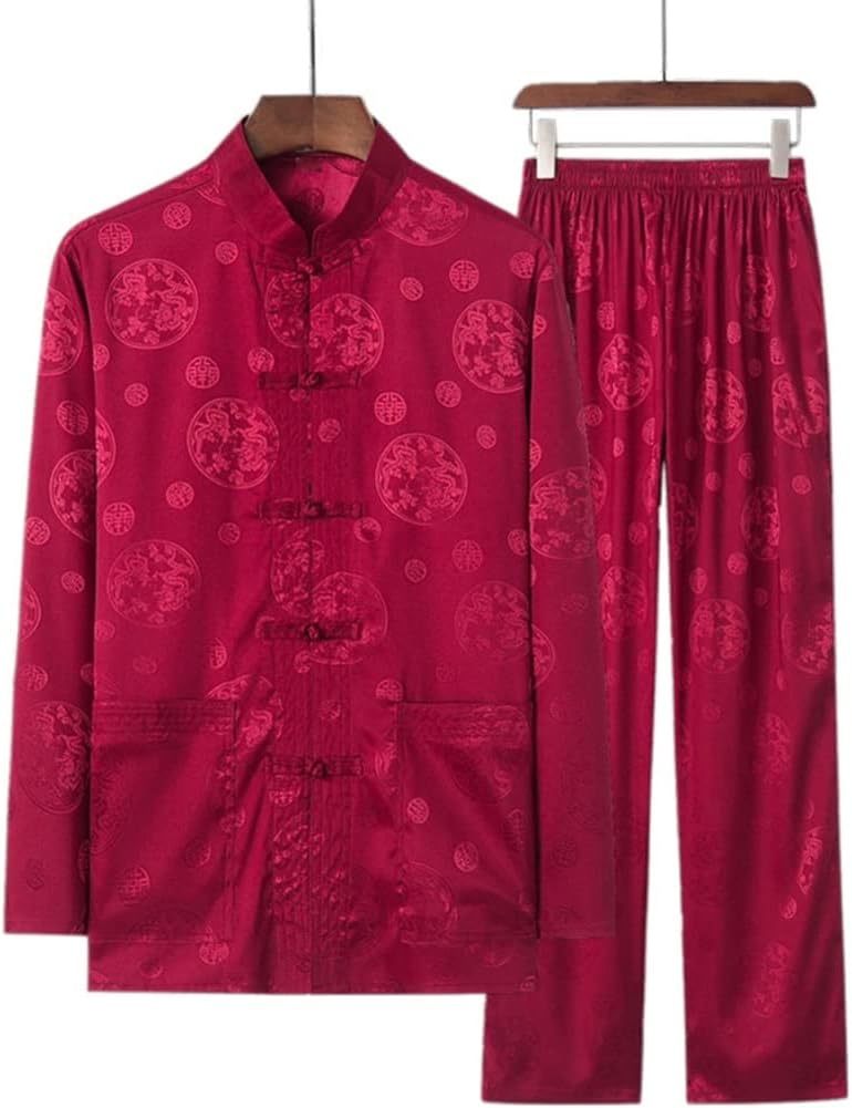 Men's Suit Long Sleeve Trousers Dragon Kung fu Suit Satin Silk Martial Arts Tai Suit(XLcode)