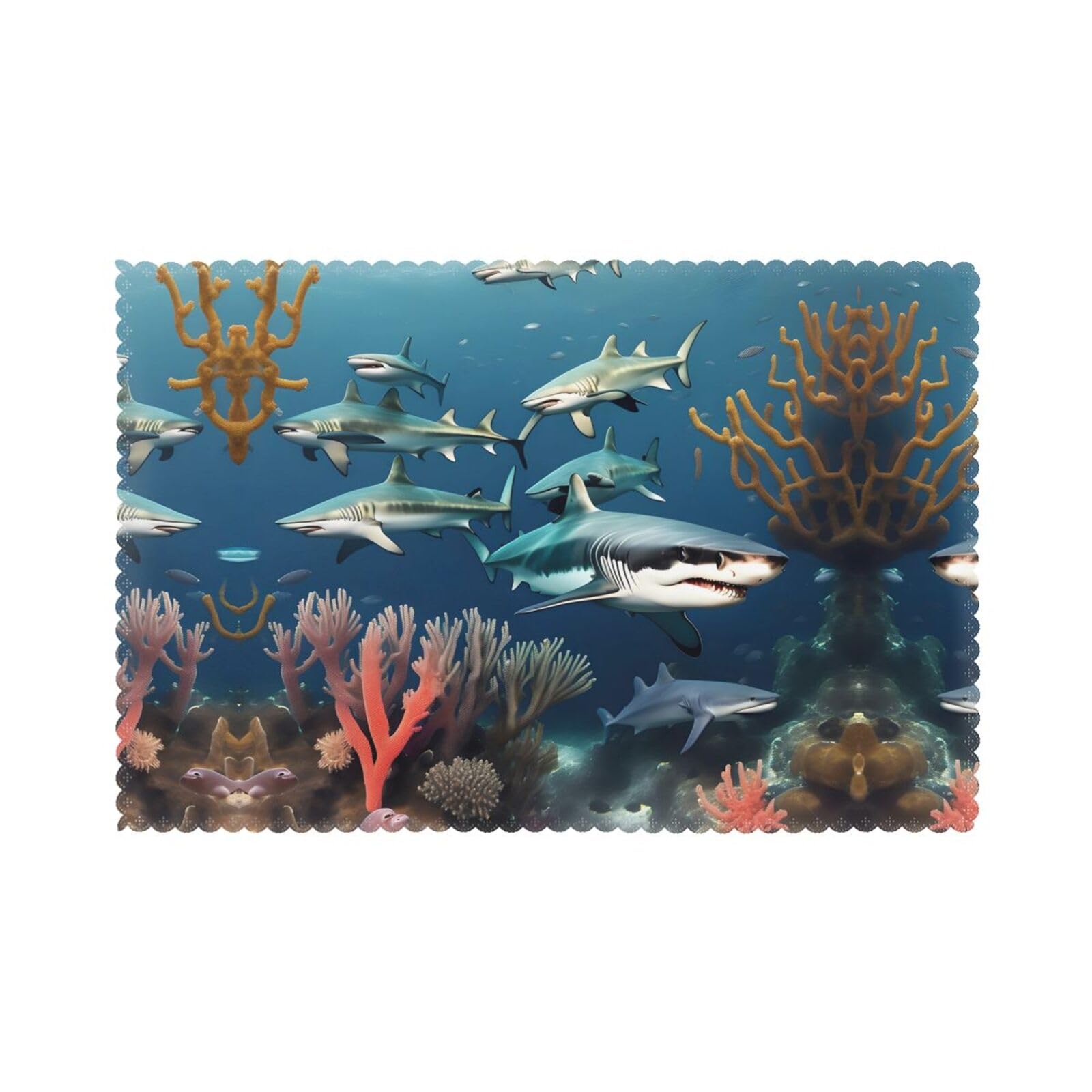 Sharks under the sea Placemats Set of 6-Washable Heat Resistant Dining Table Mats, Non Slip Kitchen Table Decor for Daily Use
