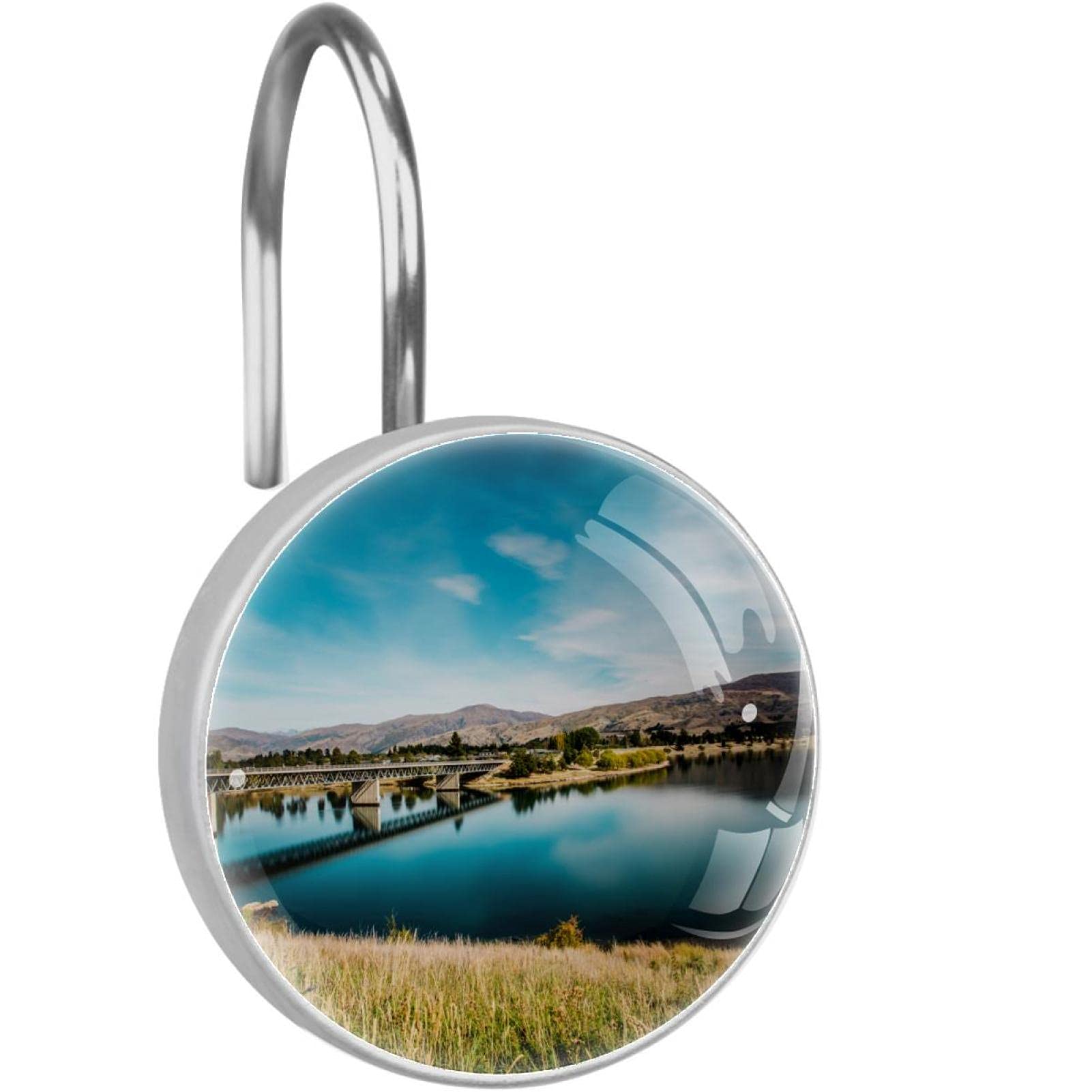 LifePavilion Shower Curtain Hook (3.7x3.7cm/12pcs) Bridge Crossing Lake Hook Bathroom Curtain Rod Ring Stainless Steel Crystal Glass Resin Hook Decoration