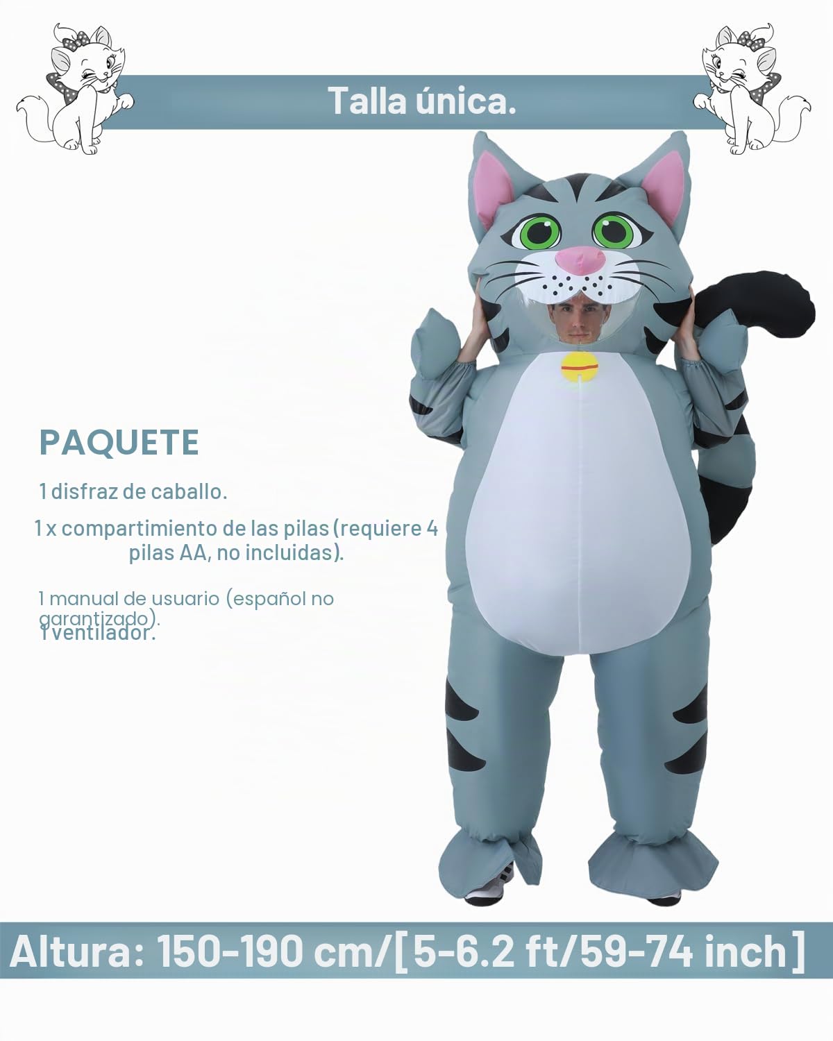 FXICH Disfraz hinchable para adultos, disfraz de gato, talla única (150-190 cm), unisex, Halloween y más