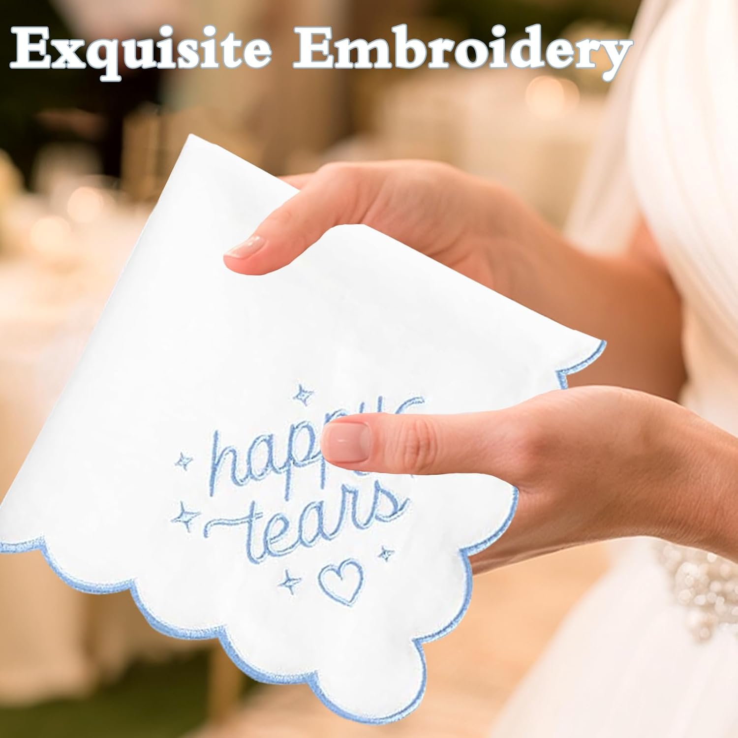 Happy Tears Handkerchief,Something Blue Gift for Bride,Bridal Weddings Hankie,Wedding Party Accessory -11" x 11" - Image 4