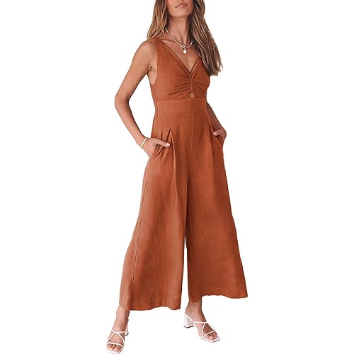 ANRABESS Women's Jumpsuits Summer Wide Leg Sleeveless V Neck Casual Dressy Linen Pants Rompers 2025 Vacation Beach Outfits
