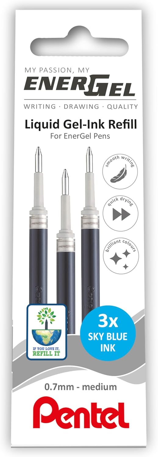 Pentel EnerGel 0.7mm Refill Wallet of 3 - Sky Blue