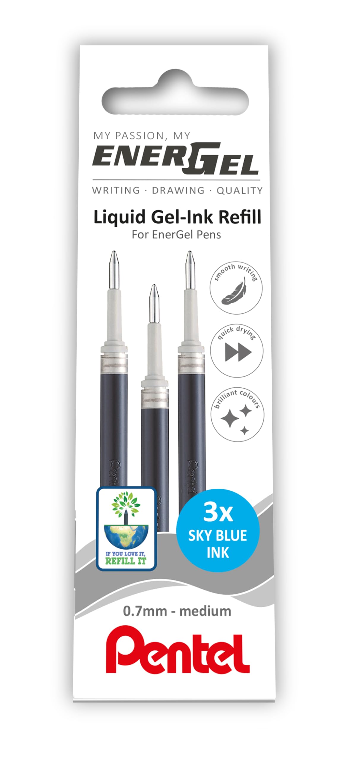 Pentel EnerGel 0.7mm Refill Wallet of 3 - Sky Blue